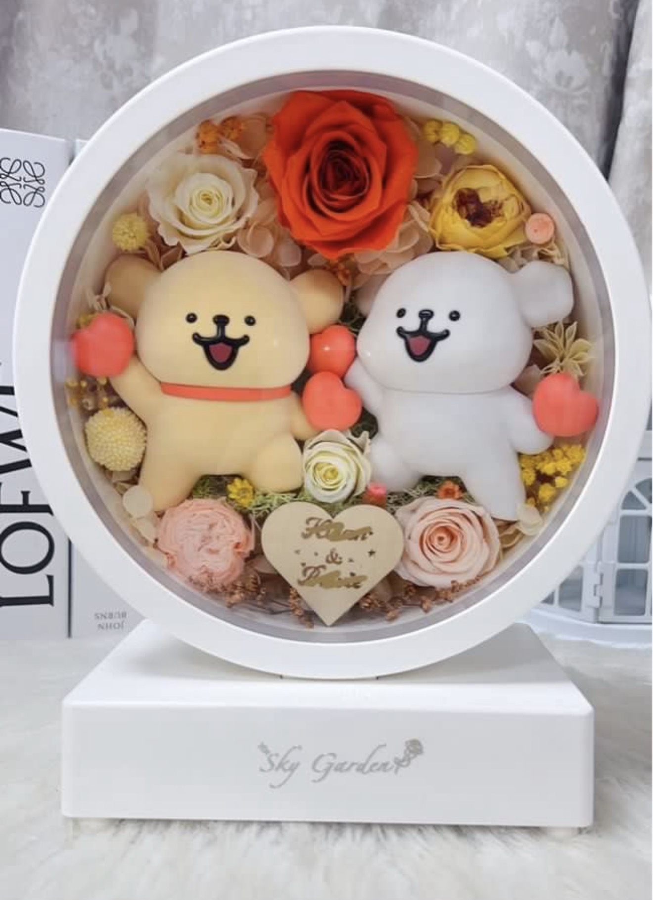 線條小狗永生花藍芽喇叭小夜燈