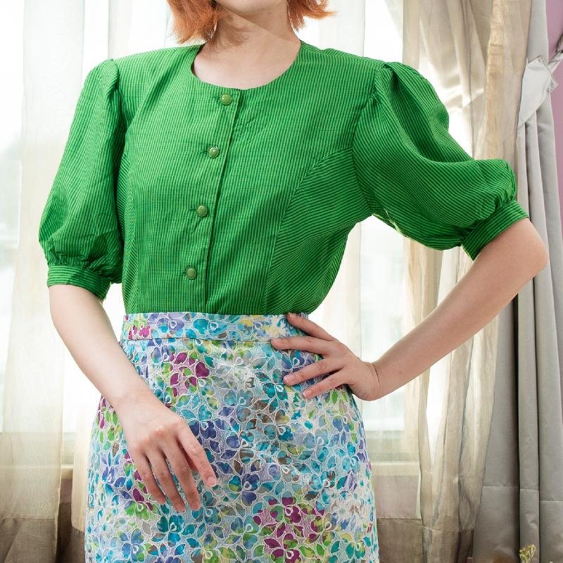 Vintage Japanese Green Vertical Stripe Pattern Mid-Sleeve Peplum Button-Up Top（MT2068)