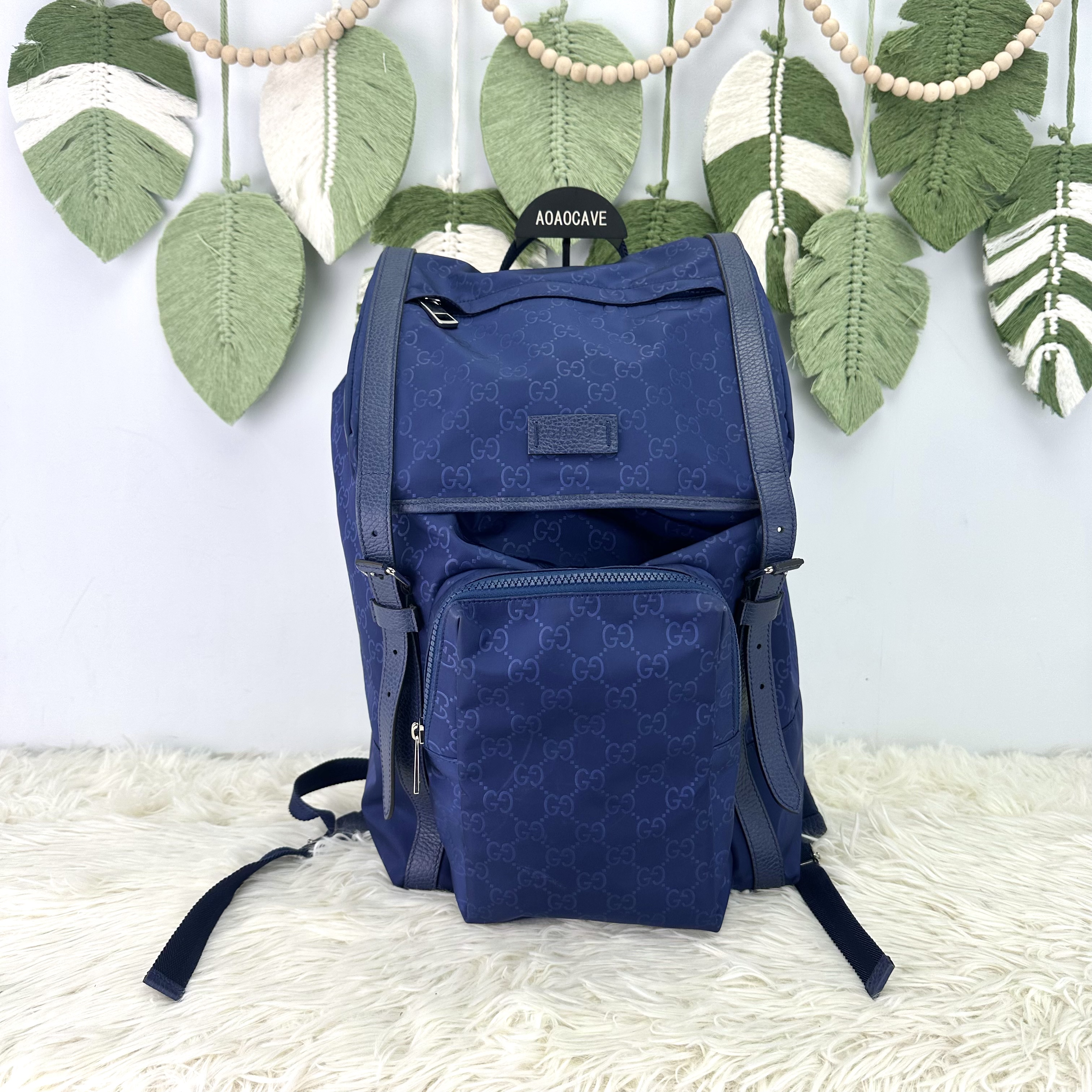 GUCCI 🤍PRE OWNED Nylon GG 經典藍色尼龍印花背包💙