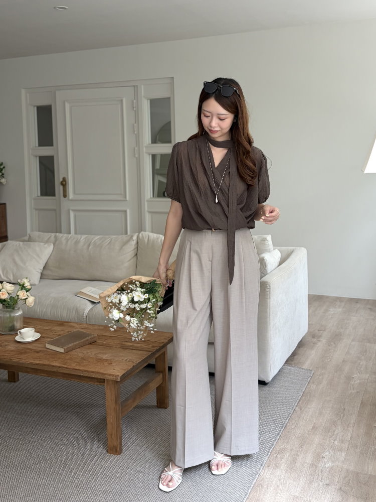 Louise Wrap Blouse with Tie (Brown)