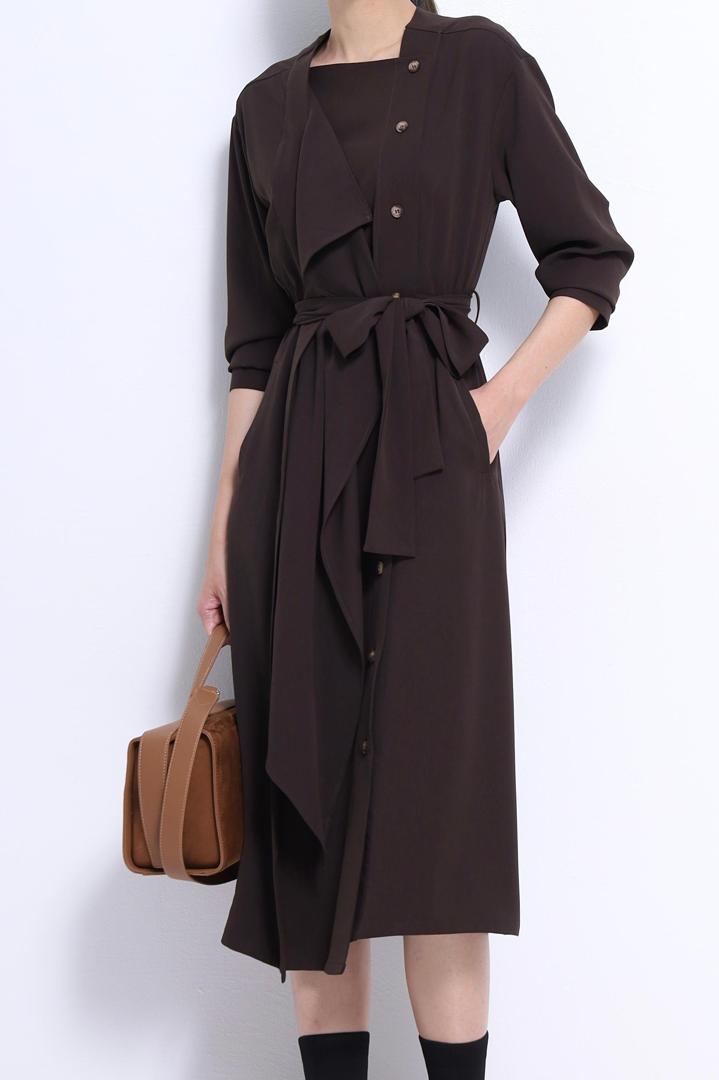 CD2092 Elegant Asymmetrical Button Tie-Waist Midi Dress