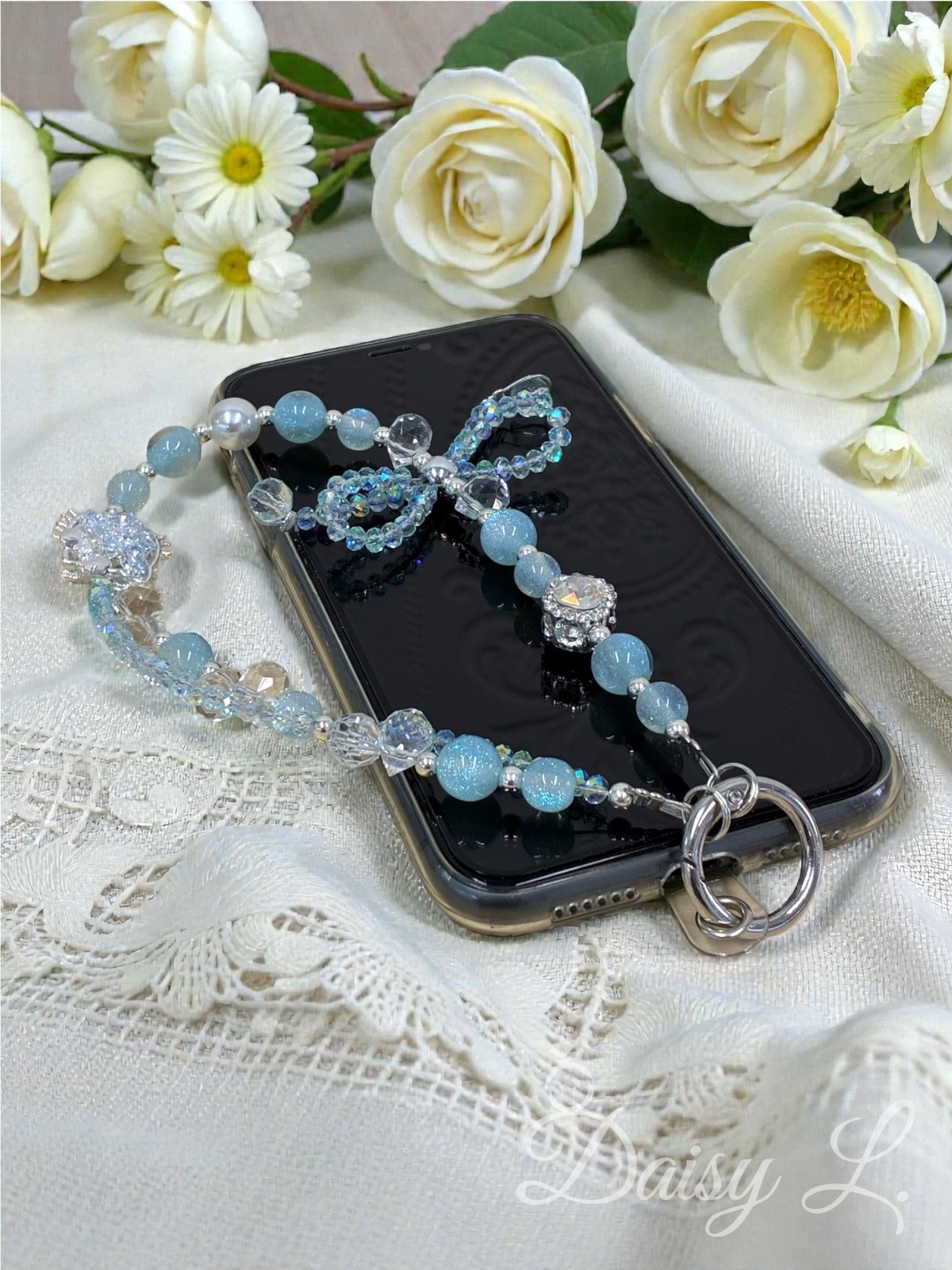 冰雪淺藍蝴蝶結水晶手機掛繩
