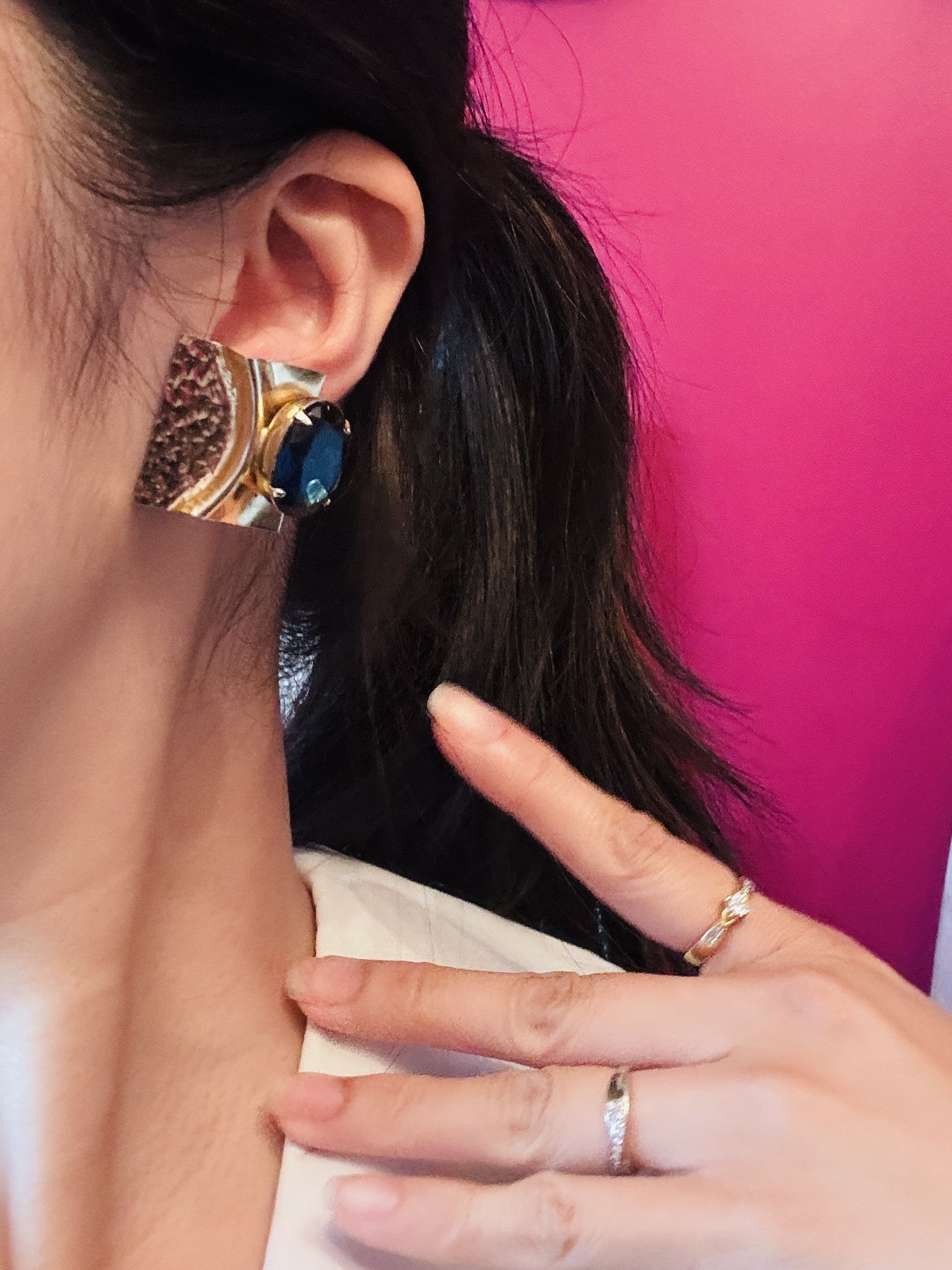 Vintage C.a. 1980s Abstract Art Royal Blue Glass Statement Clip Earrings (MT2589-16)