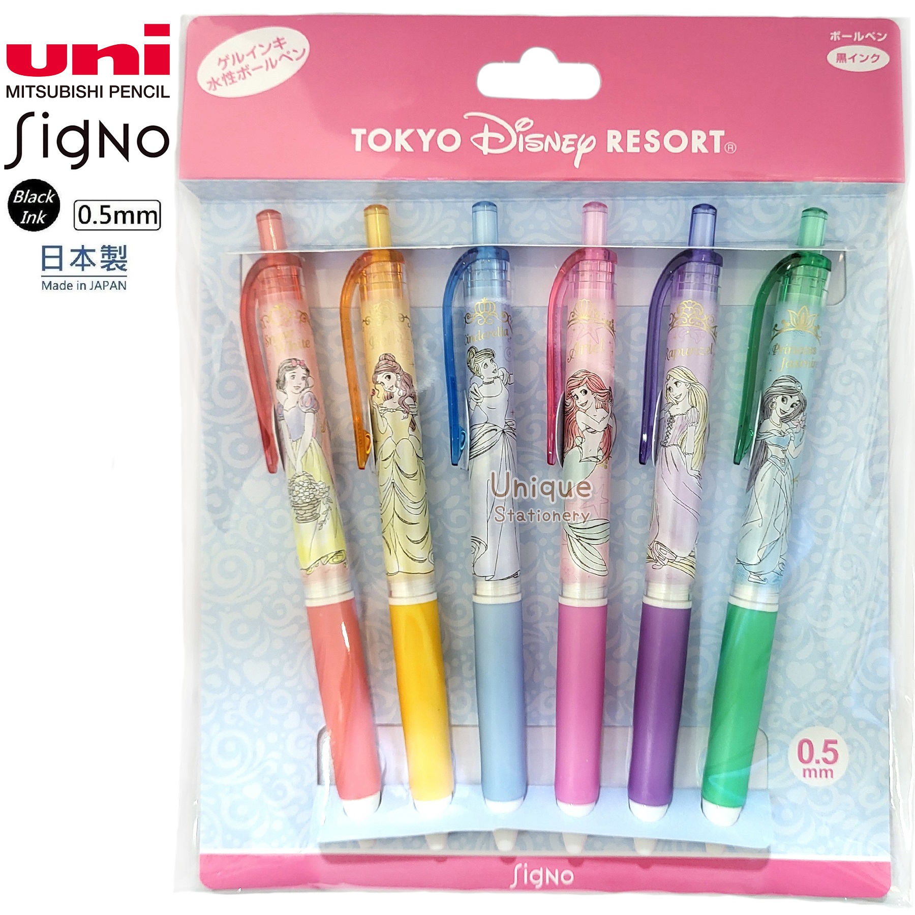 現貨｜【日本 Disney Store 限定】 一套6枝 Princess 公主 日本製 uni Signo RT 0.5mm 黑色 啫喱筆 (060654)