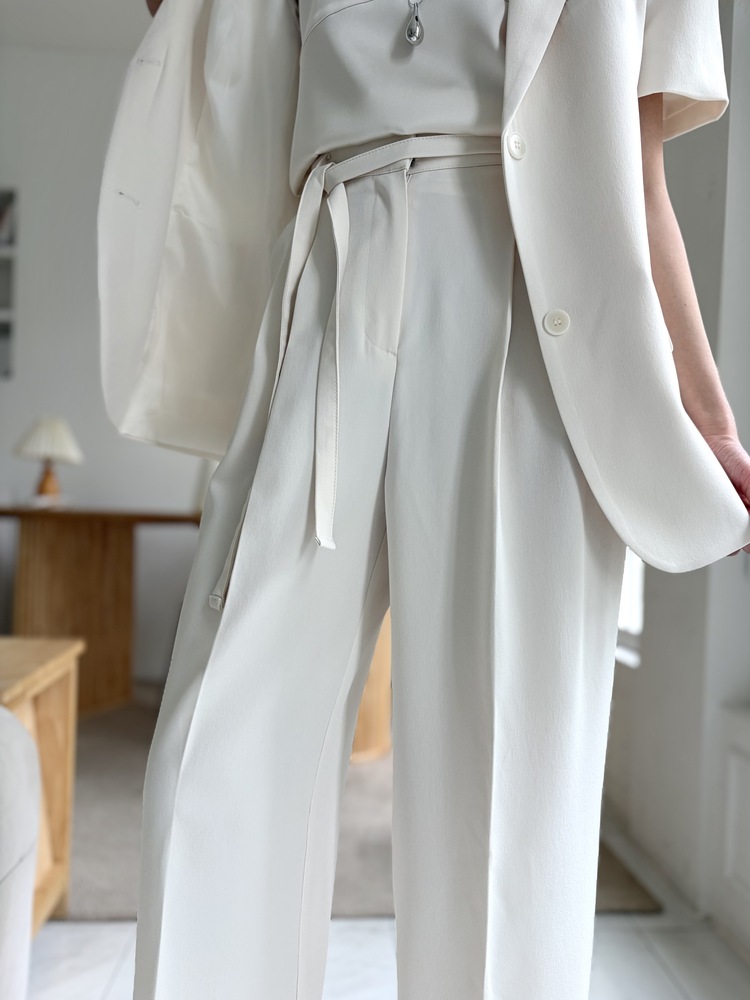Aveline Belted Straight Slacks (Ivory)