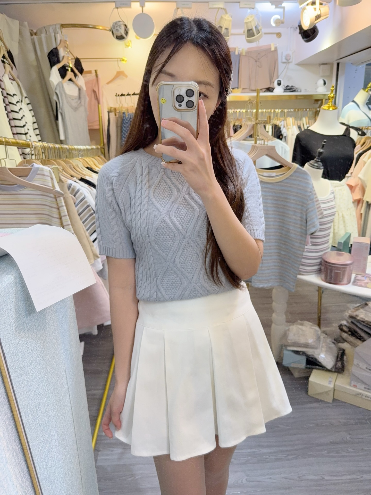 麻織紋短袖針織上衣