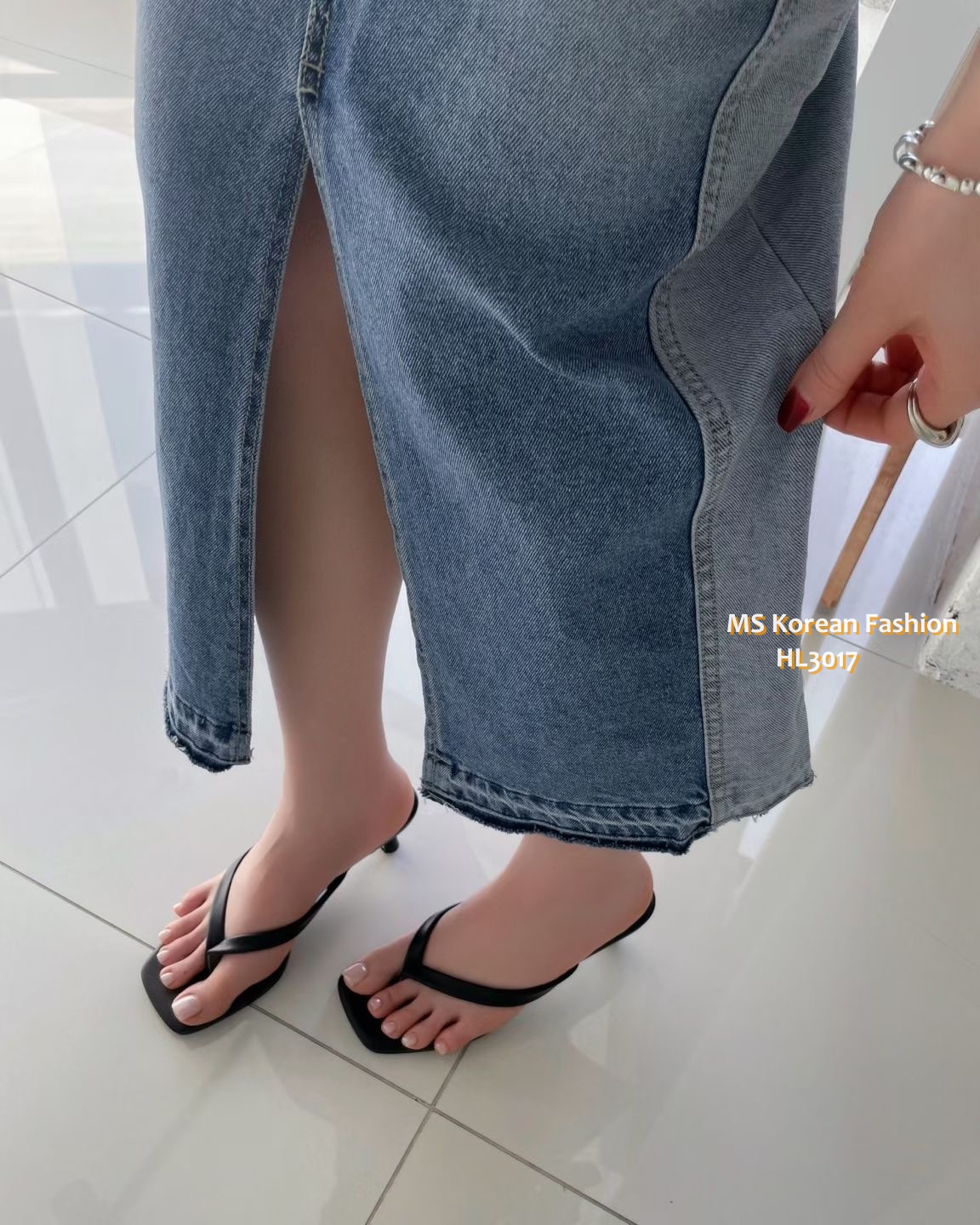 HL3017 韓國🌼Howluk前開叉拼色中長牛裙