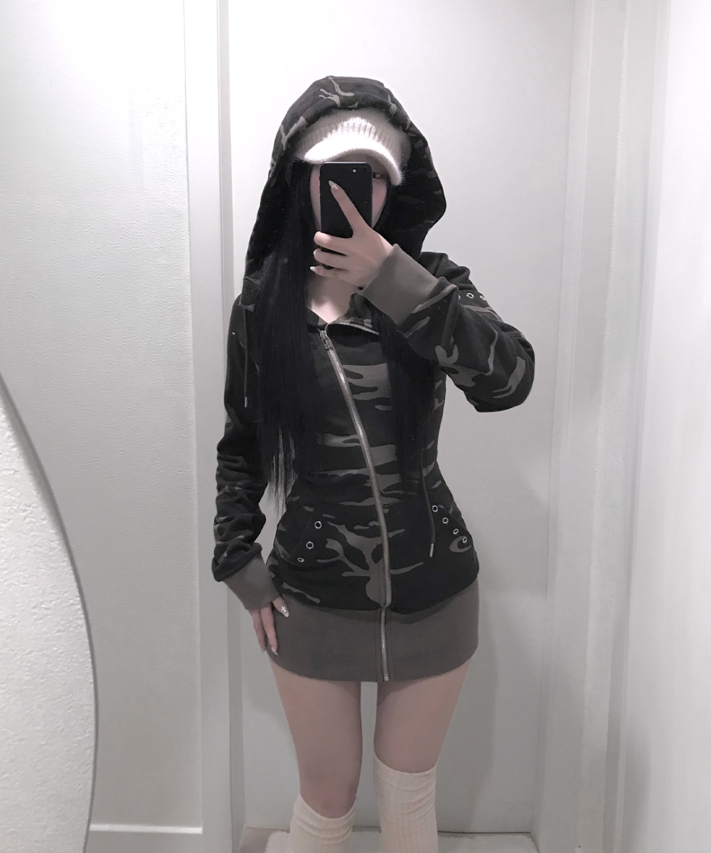 Camo Zip-Up Hooded Mini Dress