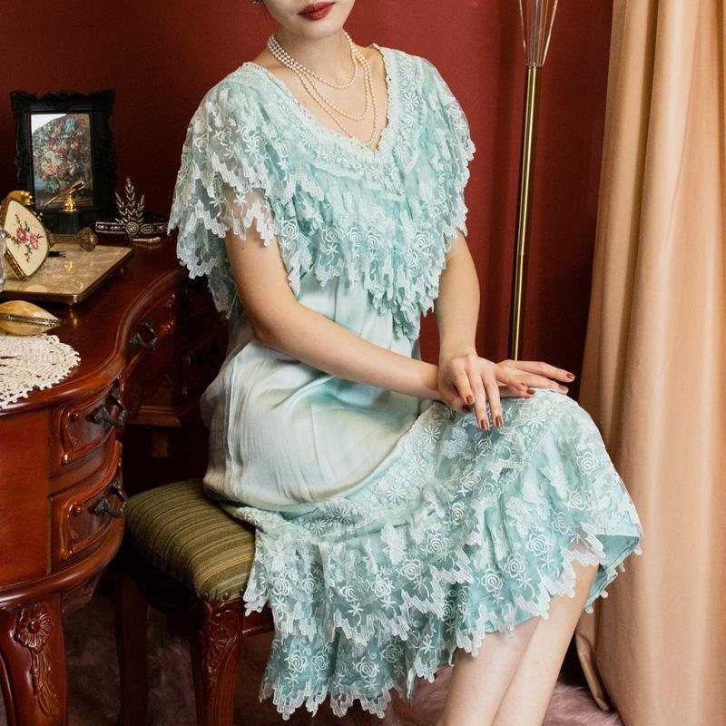1970s does 1920s Style Mint Green Beaded Dressing Gown(MT330-1)