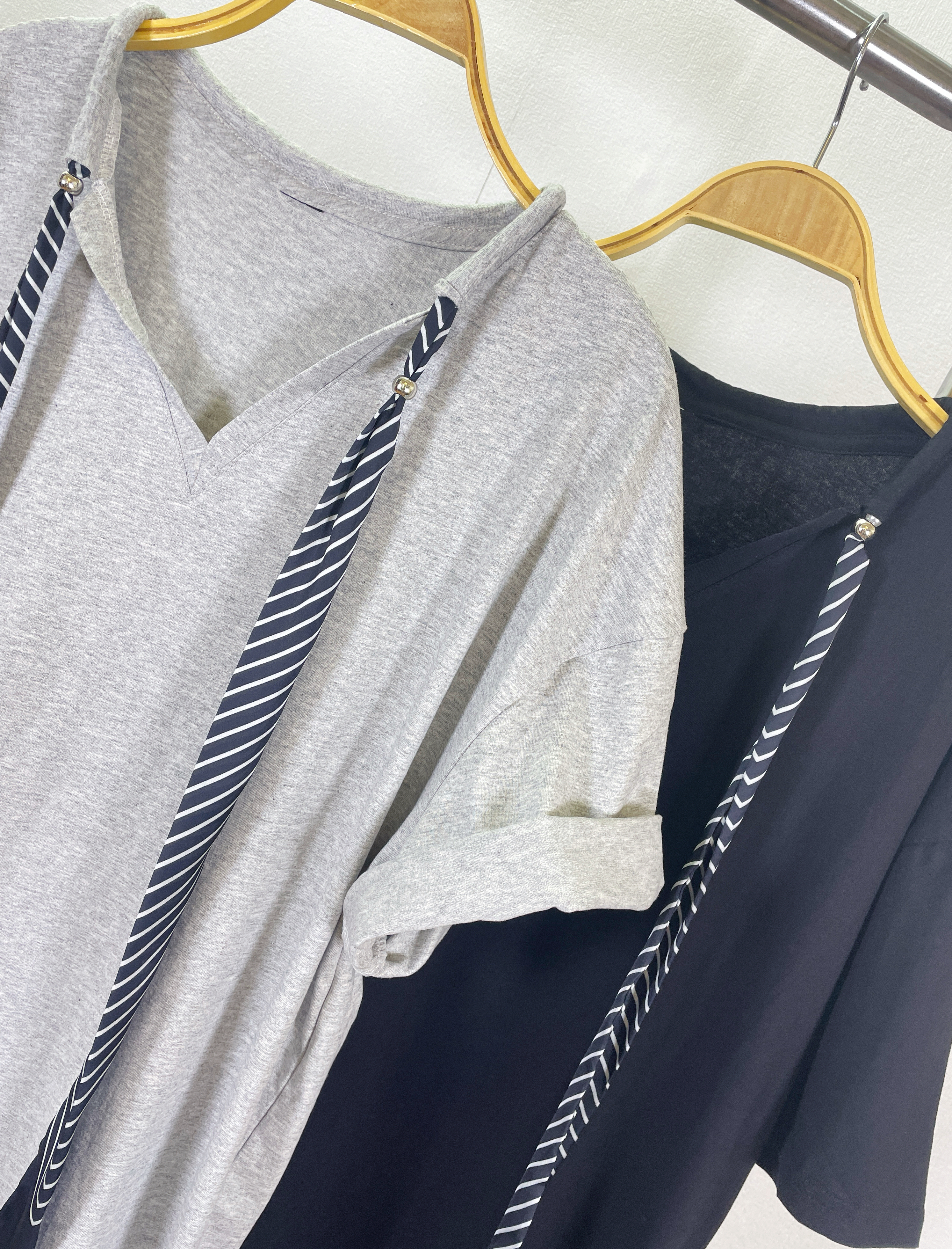 K5561 cotton拼絲帶領短袖tee