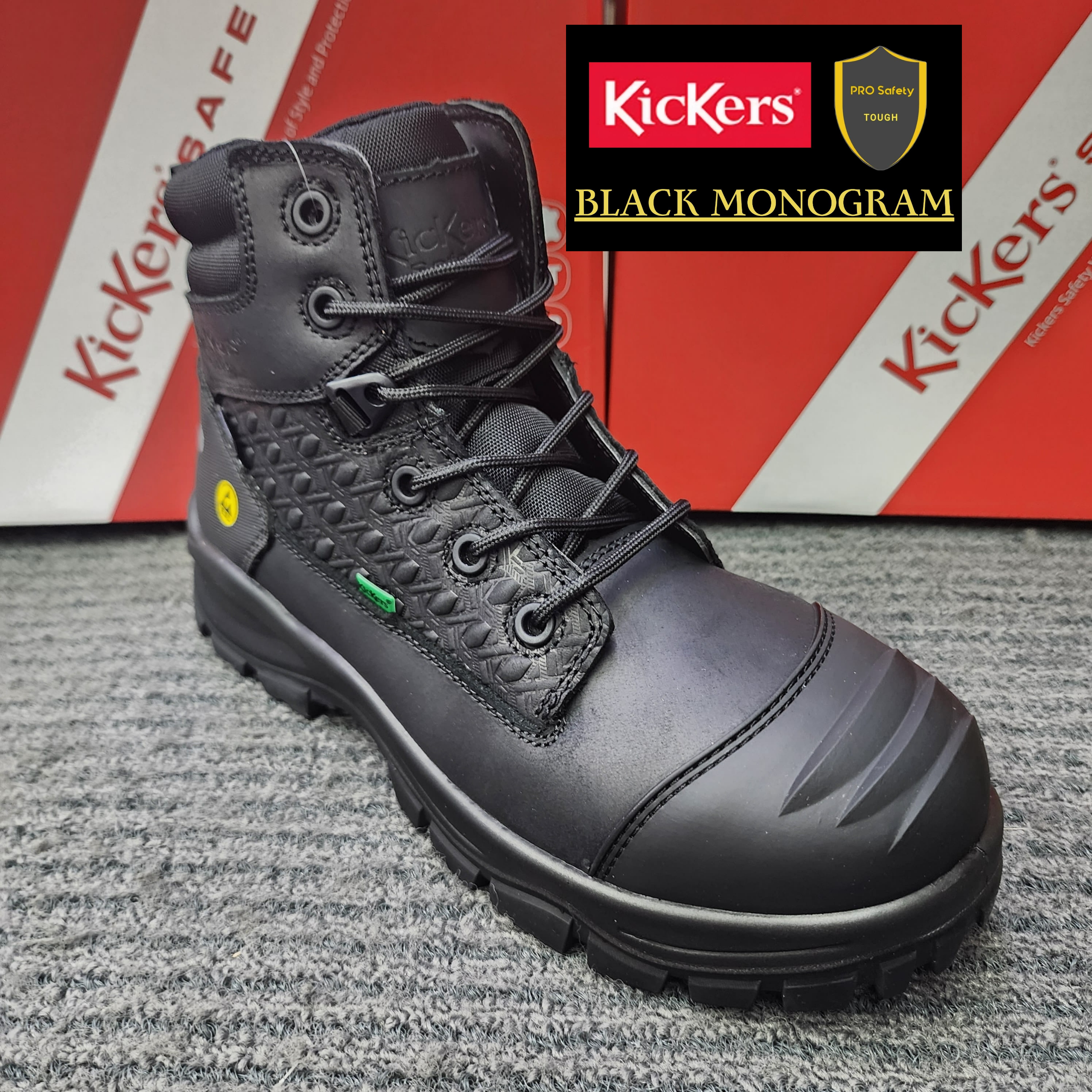 Kickers Safety PRO Safety 3066 Monogram Mid Cut Lace Up Full Black Safety Shoes