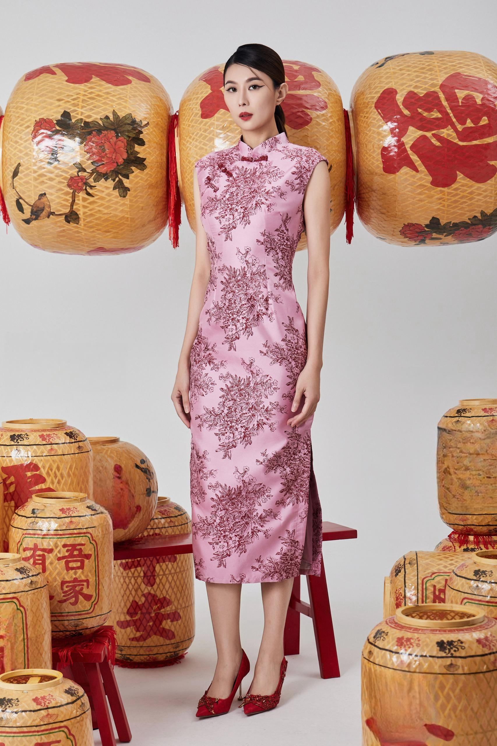 独家长款旗袍 粉色 2128