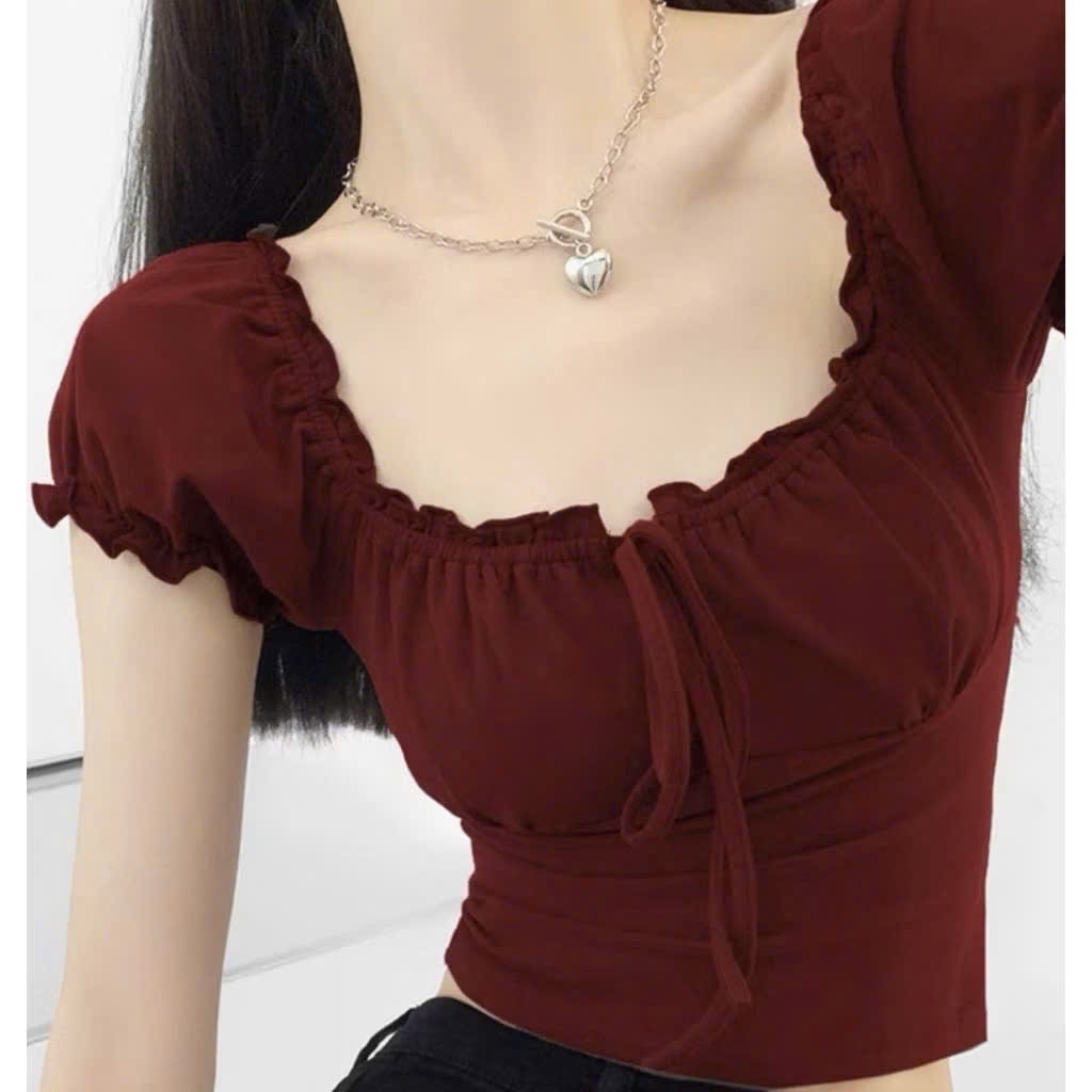 繫帶泡泡袖上衣 前襟田園風