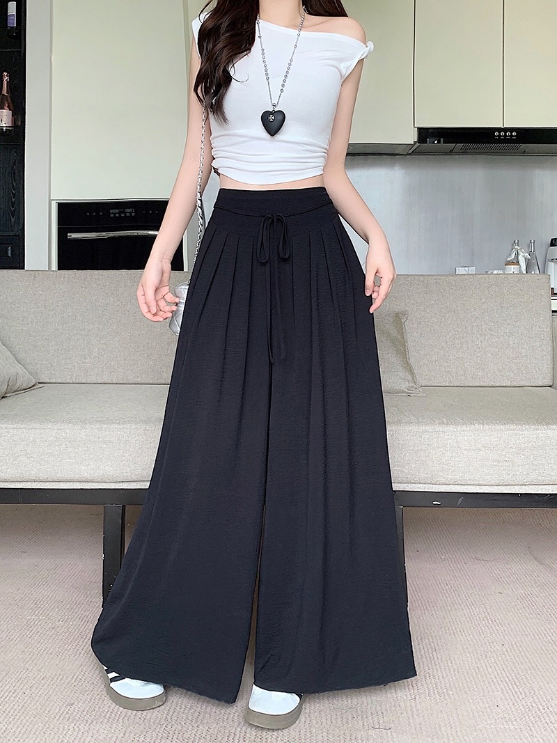 B252(21811) 韩版慵懒风显瘦捏痕腰系带3色阔腿长裤