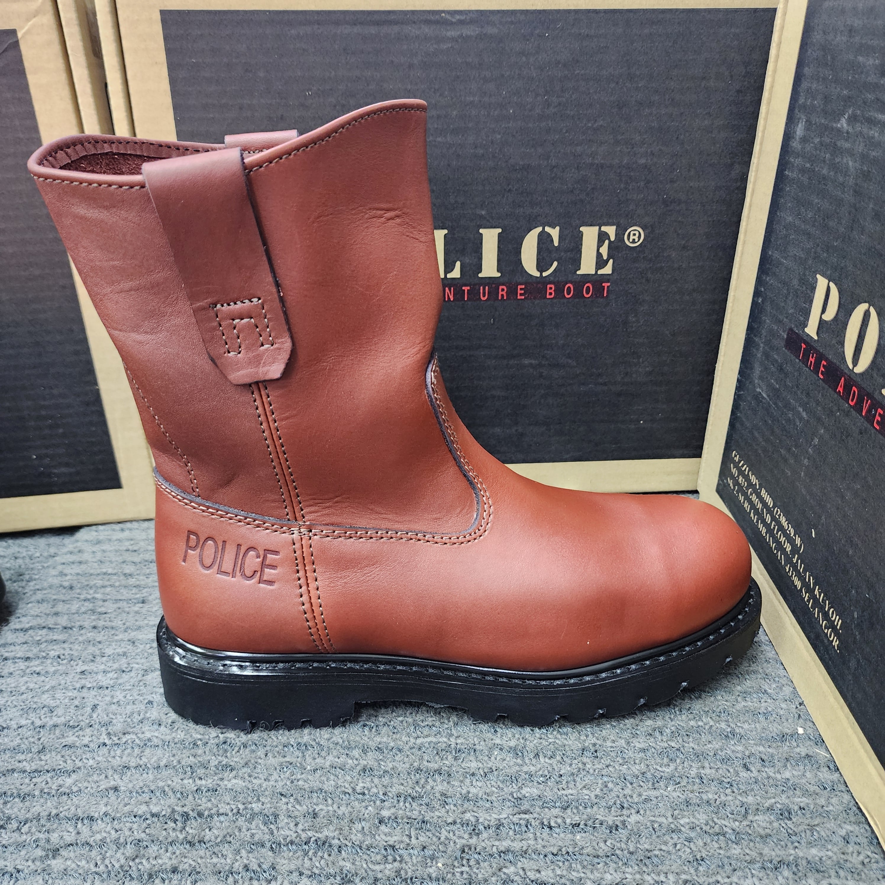 POLICE SAFETY SHOES 9123 HIGH CUT FULL LEATHER MAROON DARK MAROON BROWN BLACK GOODYEAR WELT SIRIM DOSH Kasut Keselamatan