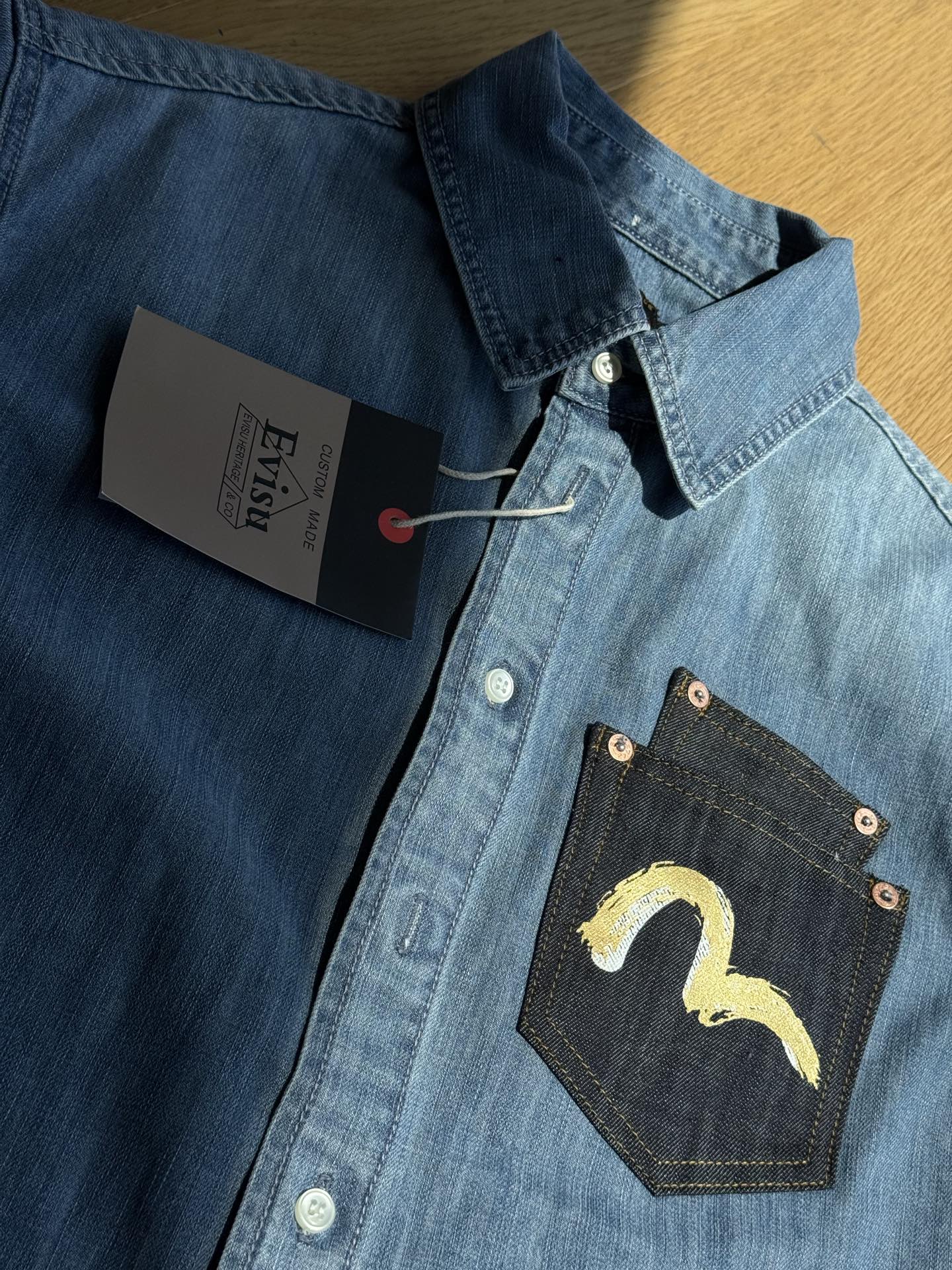 Evisu Artistic Brush Daicock Print Relax Fit Denim Short-Sleeves Shirt