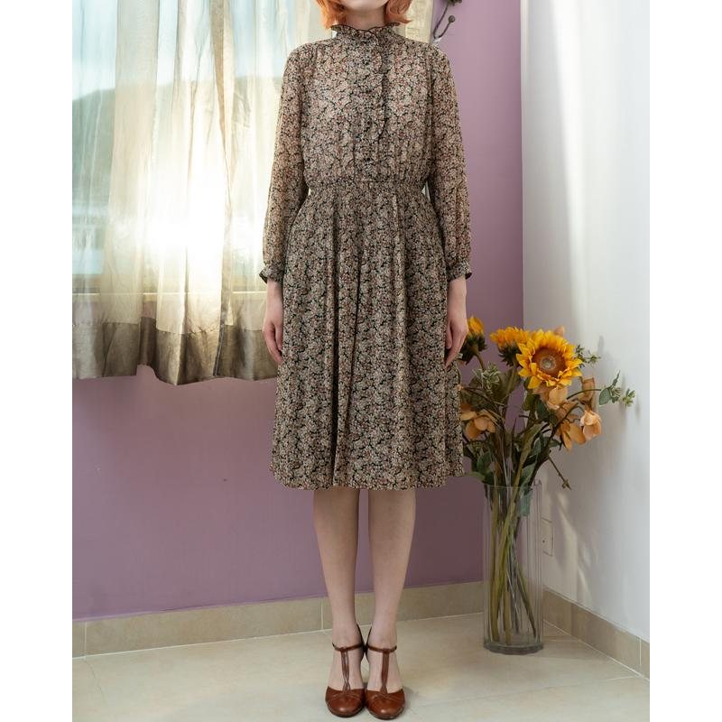 Vintage Japanese Joynana Autumn Floral Ruffle Trimmed Chiffon Dress / Long Sleeve Dress (MT1840-2)