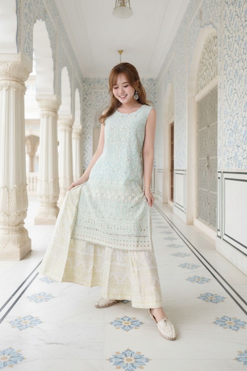 Icy Blue Full Emb Sleeveless Kurta #1395