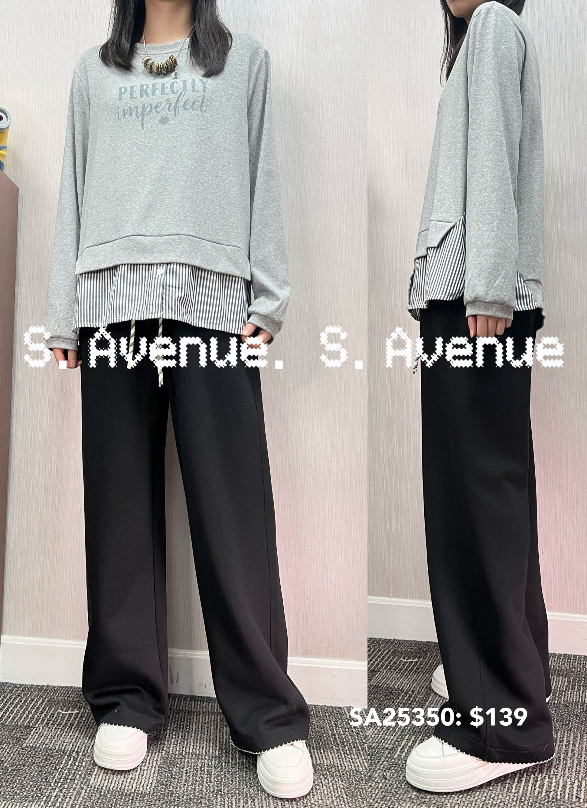 SA25350: 長袖英文字下直條tee