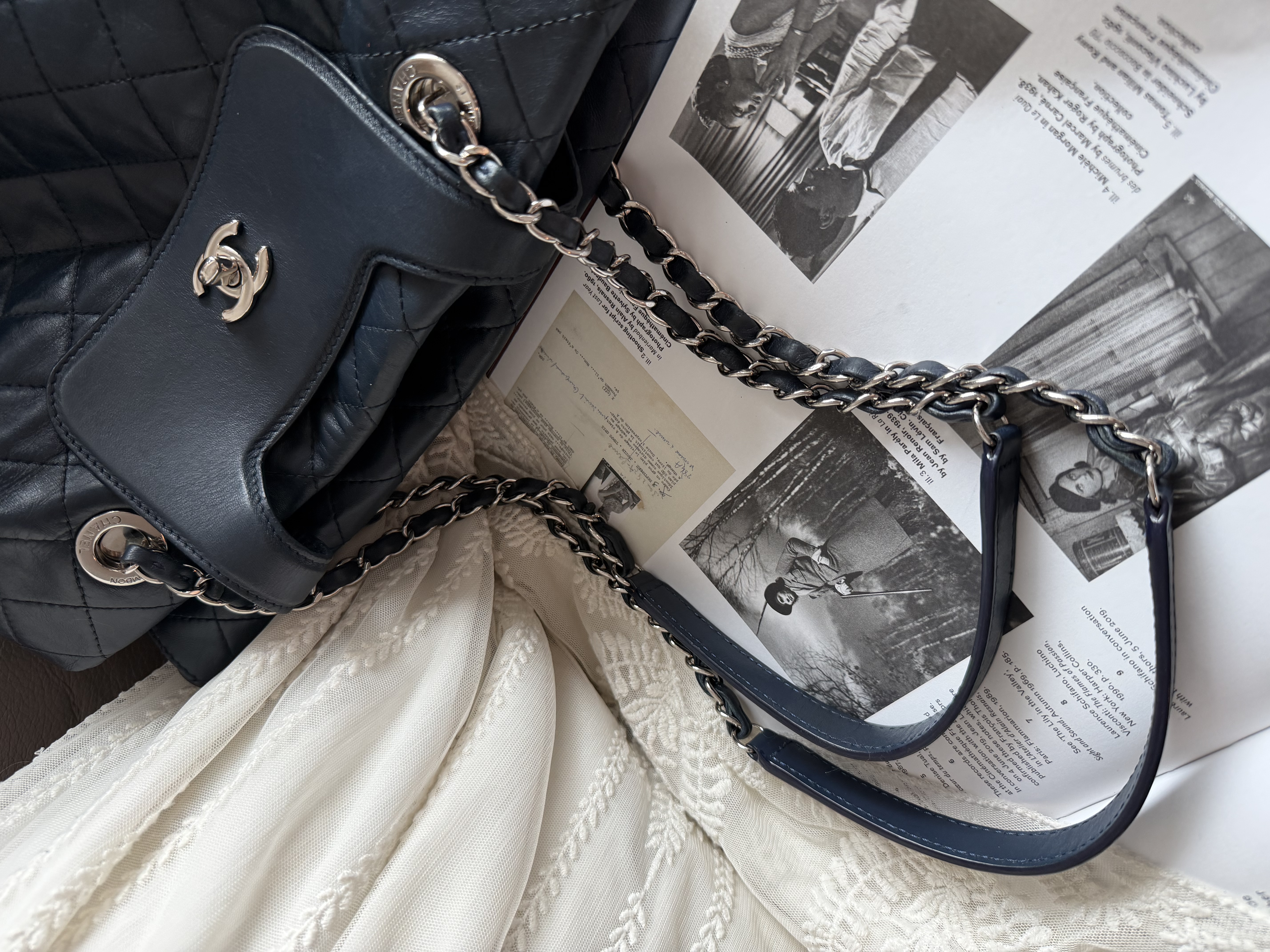 Chanel quilted matelasse navy leather chain bag