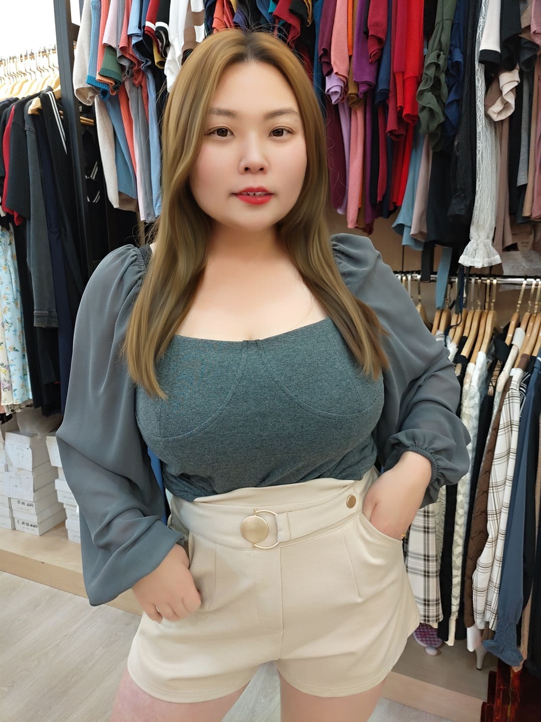 NBC10 TW#1032A 单色方领雪纺长袖上衣（颜色随机⚠️）（胸围110-120CM）