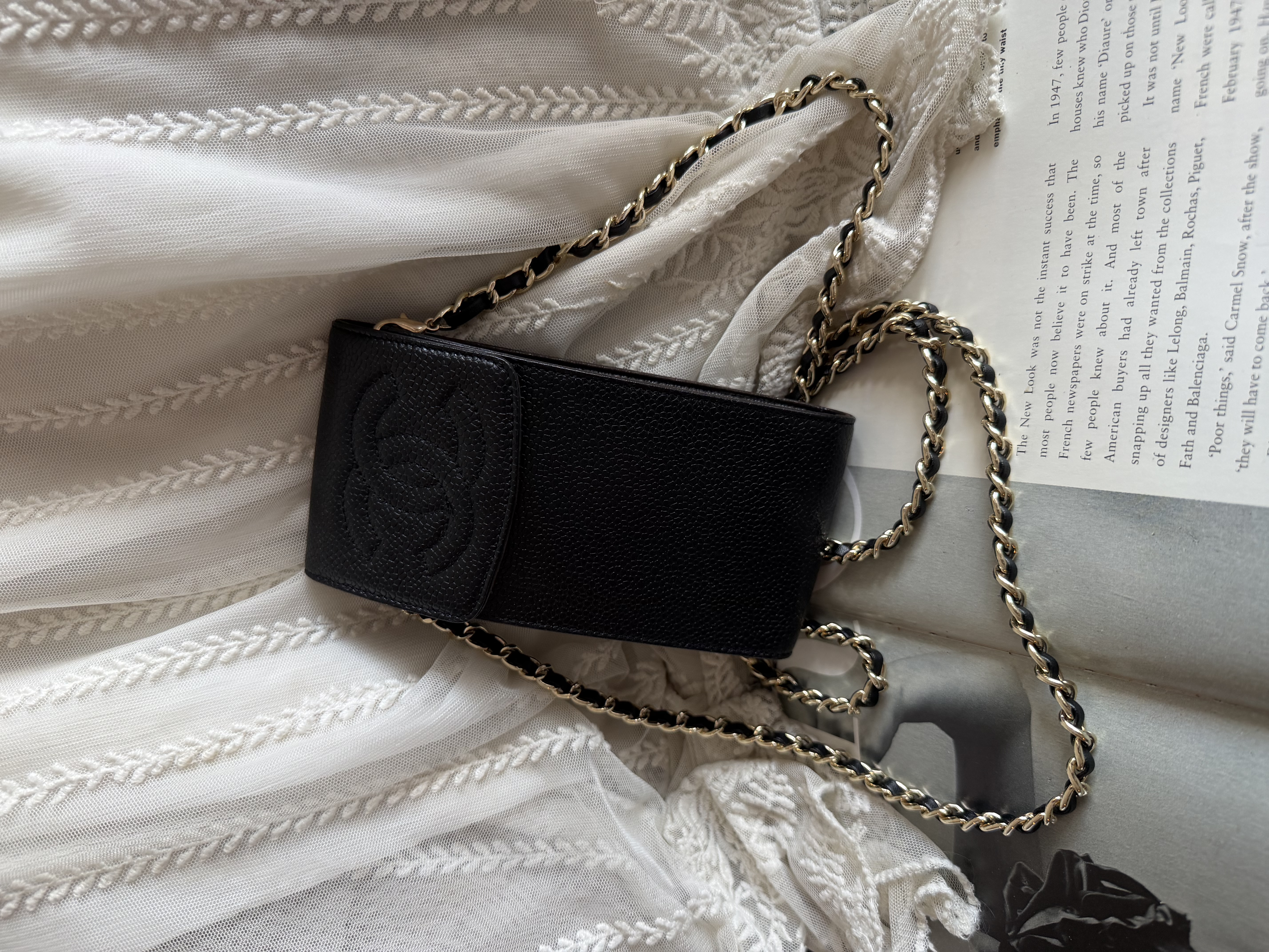 Vintage chanel black caviar leather phone holder sunglassess holder 