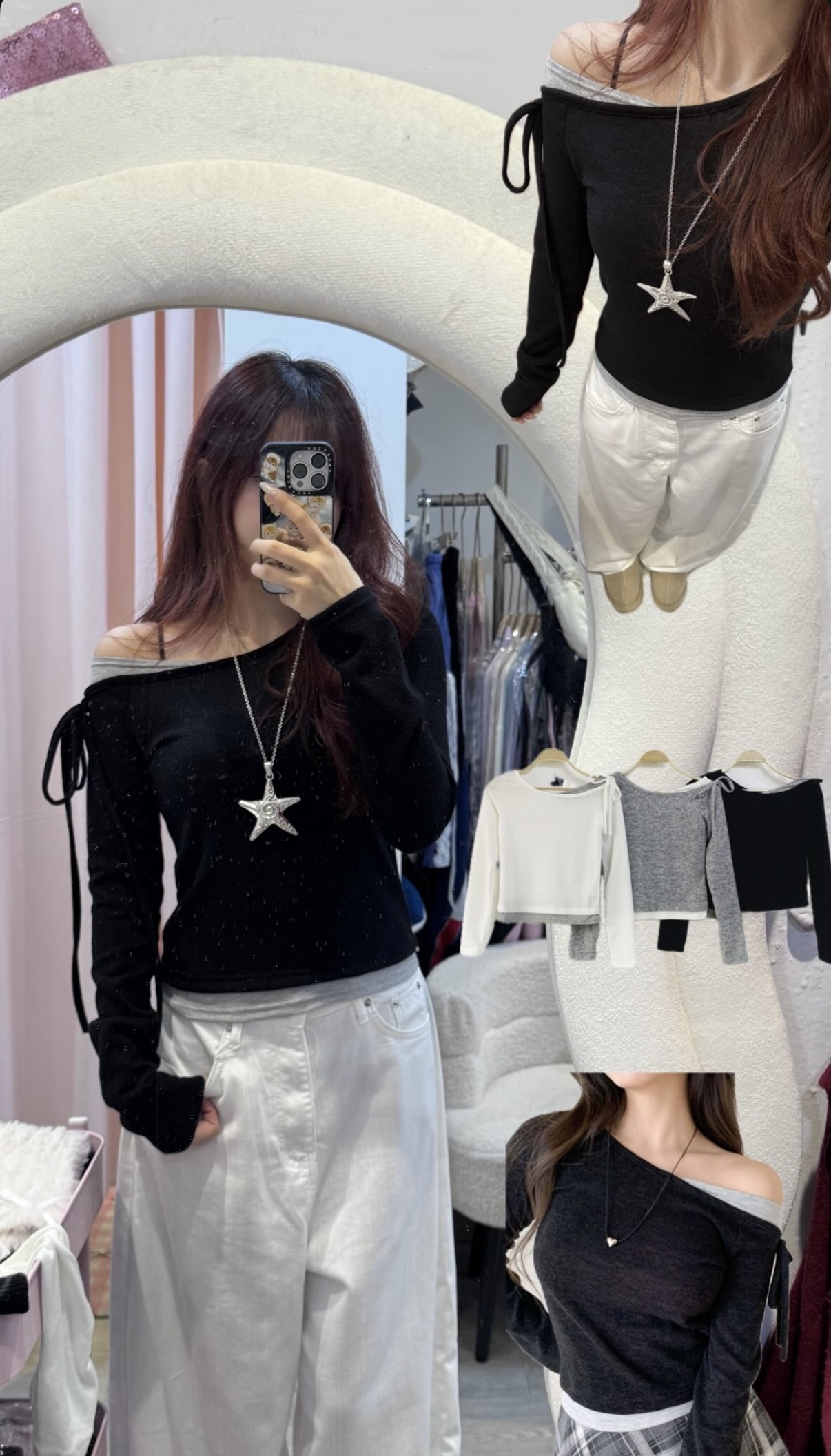 韓國斜膊單邊蝴蝶結綁帶假兩件Top