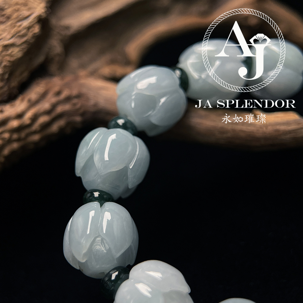 JB-257- 膠潤晴水藍綠色清心定神/年年有餘蓮花手串