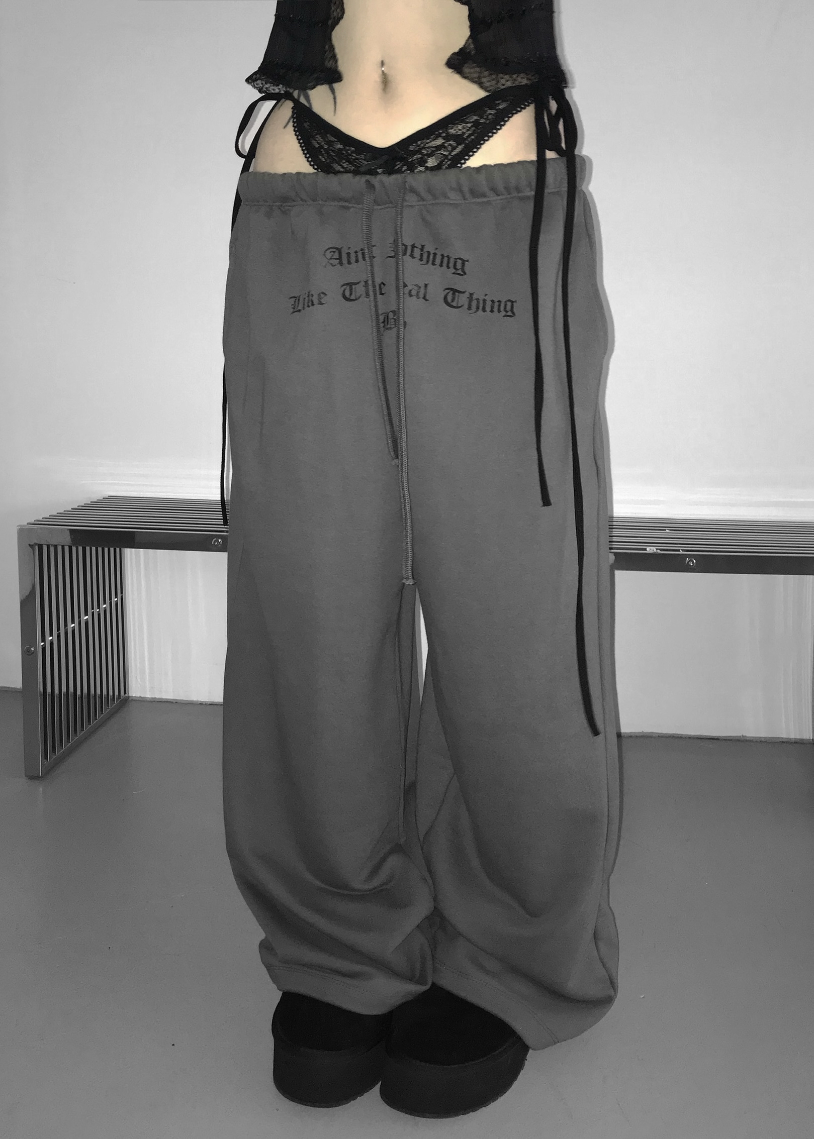 Layered Lace Waist Graphic Wide Leg Pants