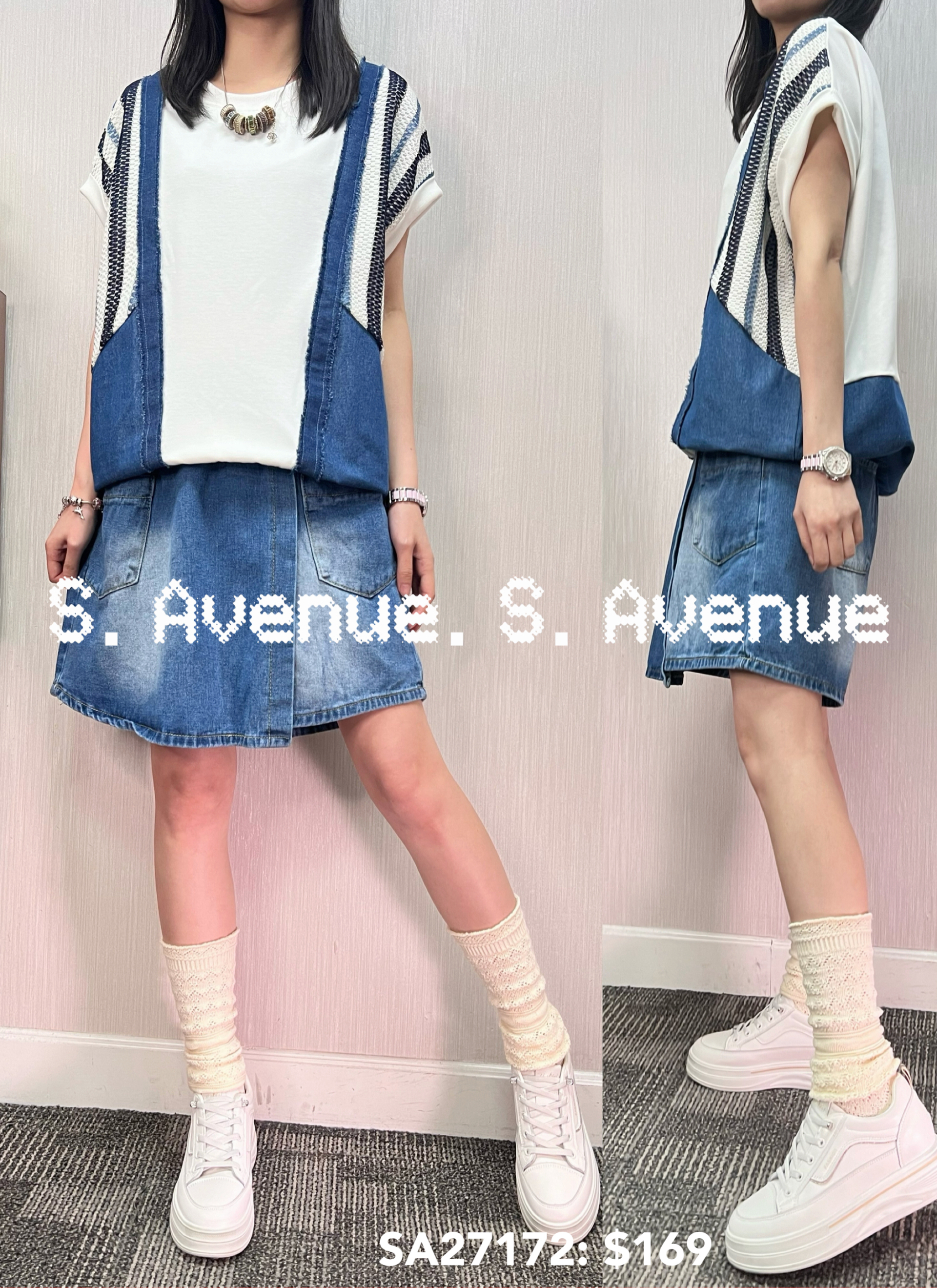 SA27172: 短袖側拼牛仔顯瘦束腳tee