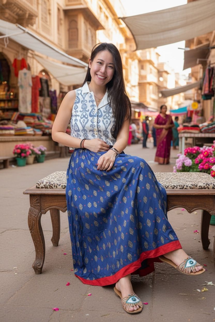 Naby Blue Gold Print Skirt  39" #1379