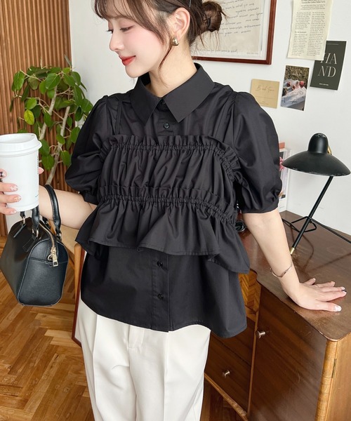 荷葉邊抹胸短袖襯衫上衣【JT036】