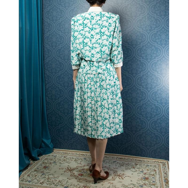 Vintage Lori Ann C.a. 1980s Leafy Pattern Low Waist Pleated Day Dress (MU103-19)