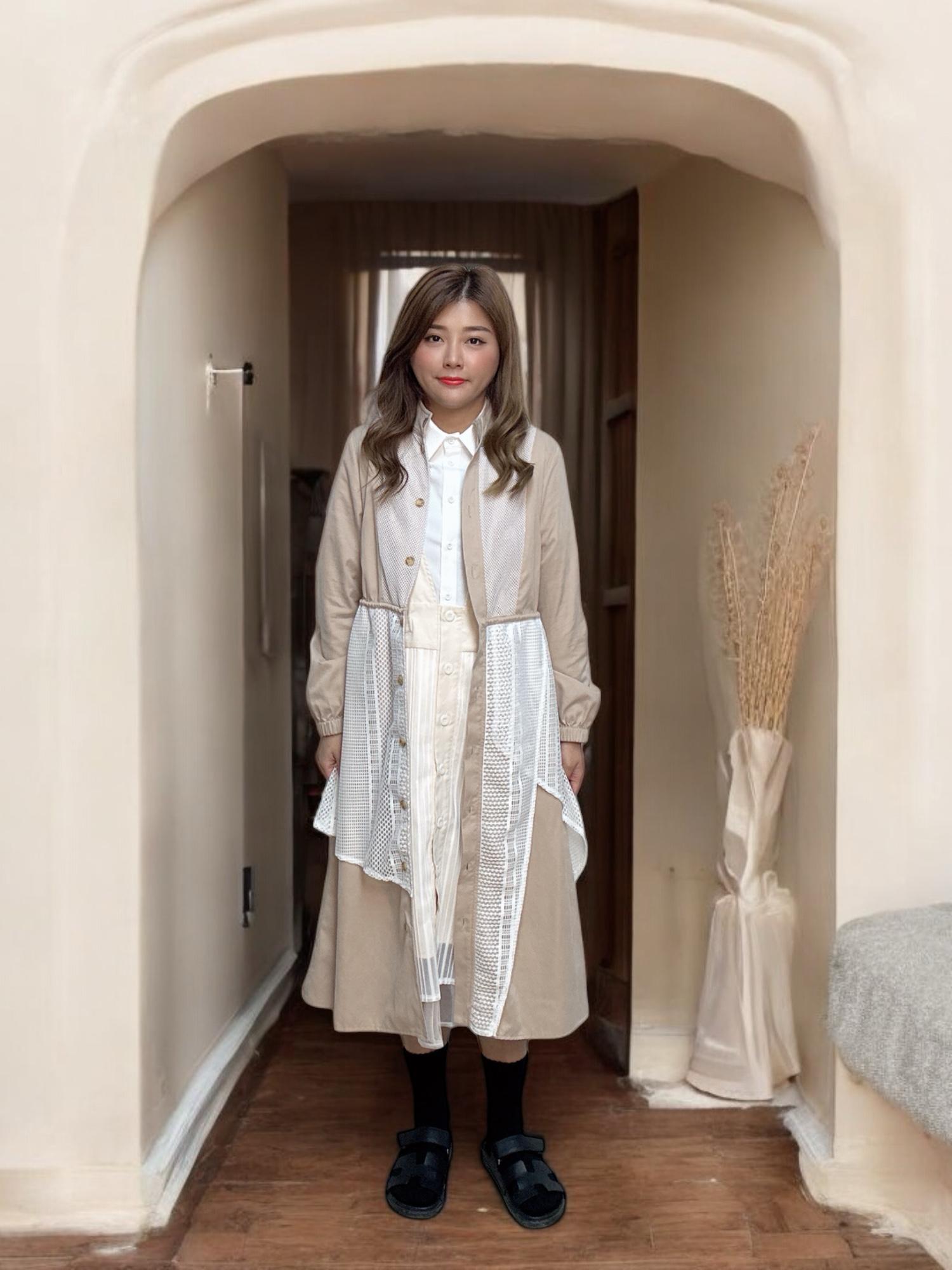 103546 BS 自家款 洗水磨毛布拼接條子網布連身裙外套