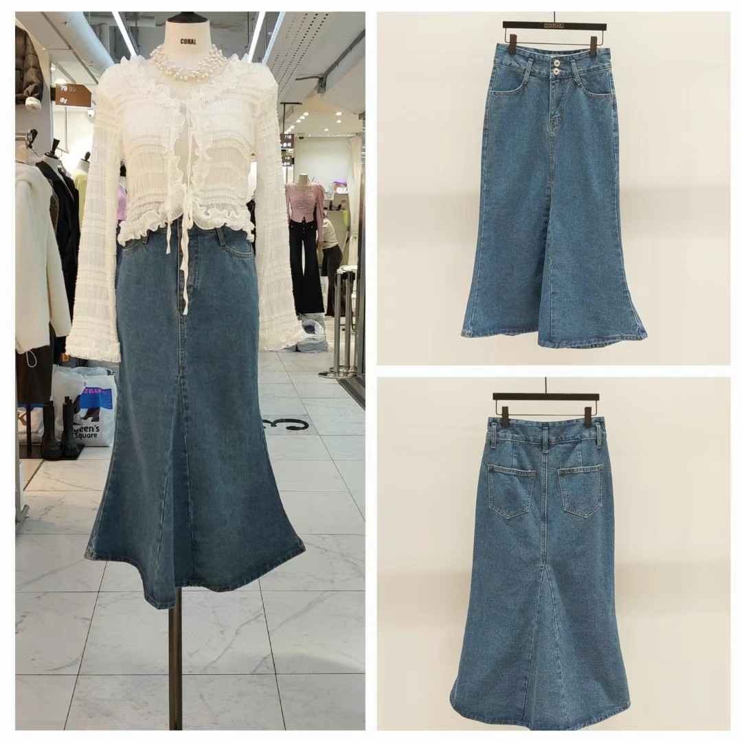 Vintage-Inspired High-Waisted Denim Mermaid Skirt in Mid Blue ‖ 复古中蓝高腰牛仔鱼尾裙 KR0362115
