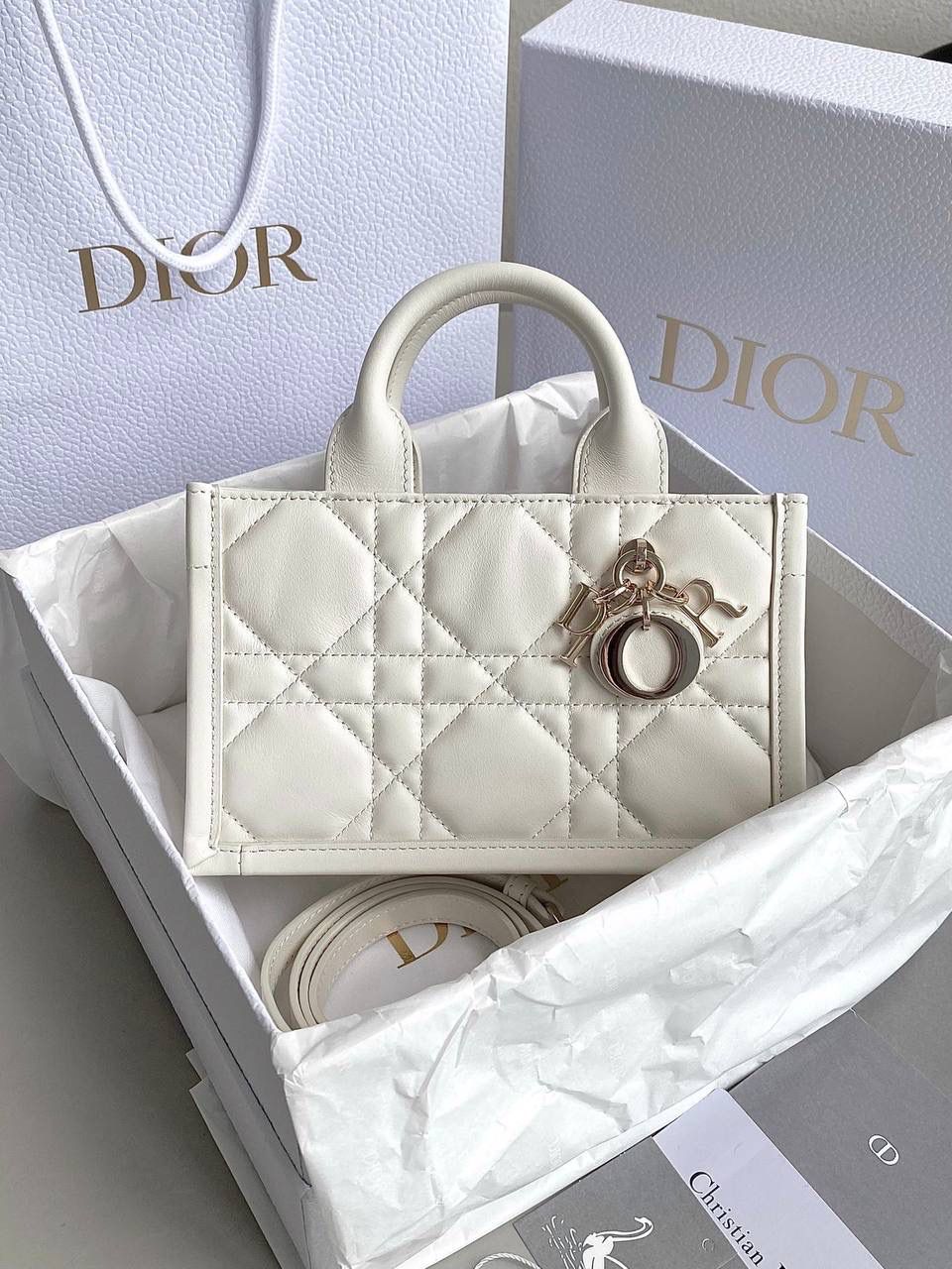 🈶全皮白，mini 𝗗𝗜𝗢𝗥 𝗯𝗼𝗼𝗸 𝘁𝗼𝘁𝗲24新款 不得不说，D家确实好会玩啊 可以背的托特来了！简直不要太棒 在最最最经典的托特上又衍生爆款了 可可爱爱的mini尺寸，恨不得天天背！😍 21.5×13×7.5cm