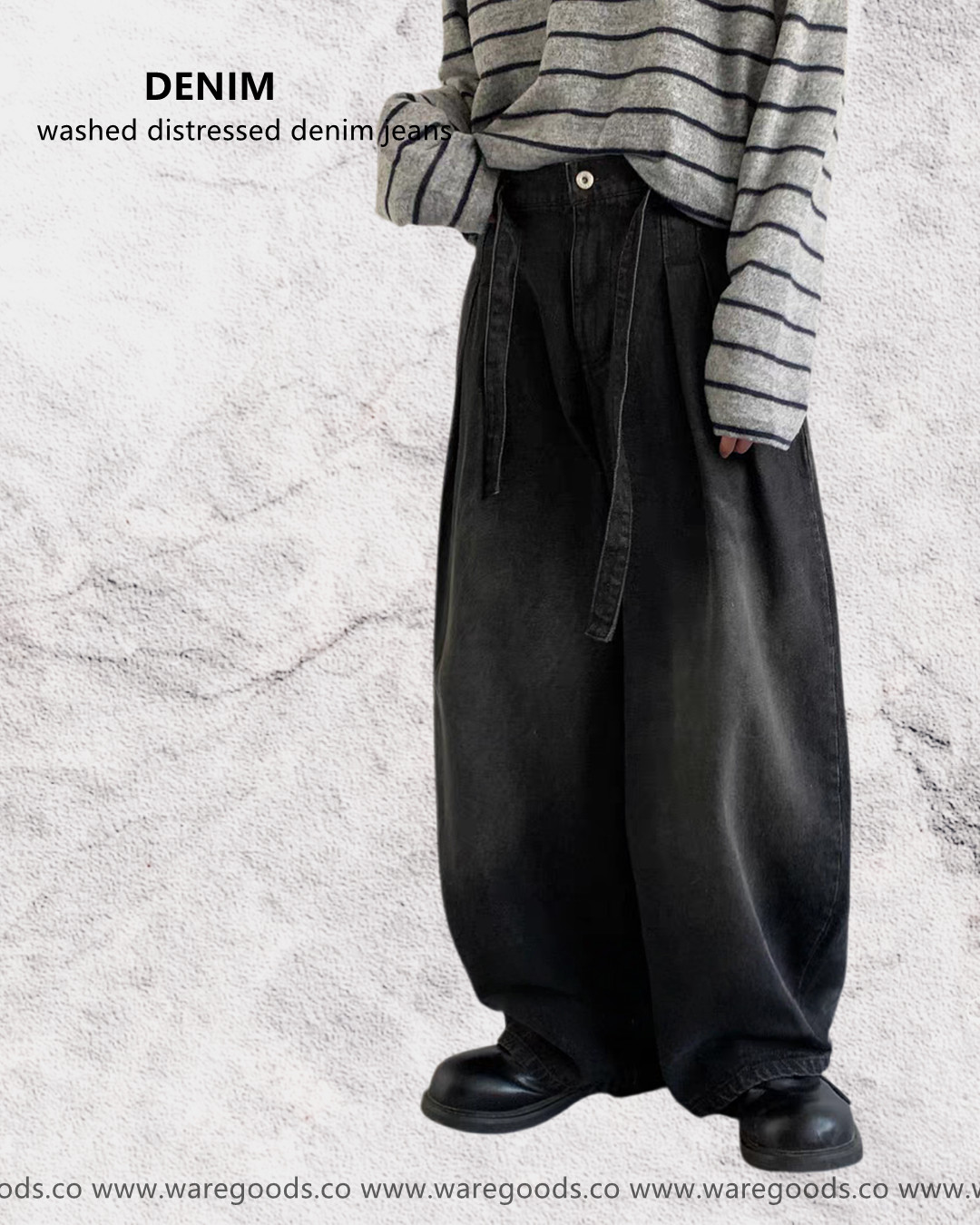 W35757水洗腰繩垂感牛仔褲