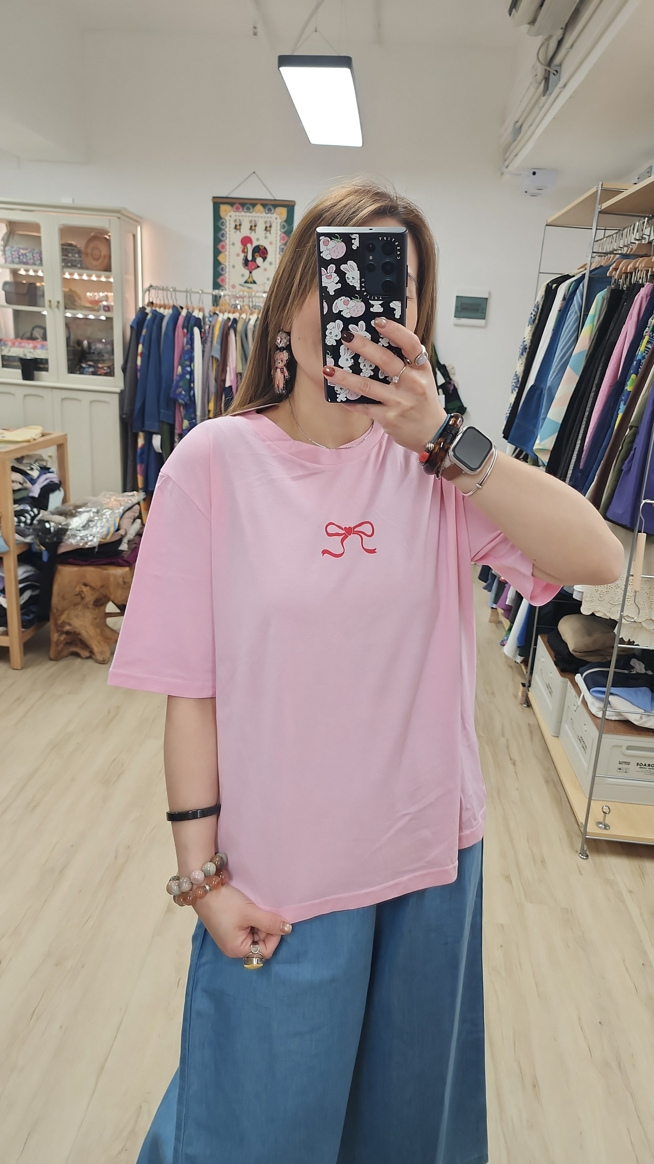 韓國粉紅拼小蝴蝶結印圖Tee
