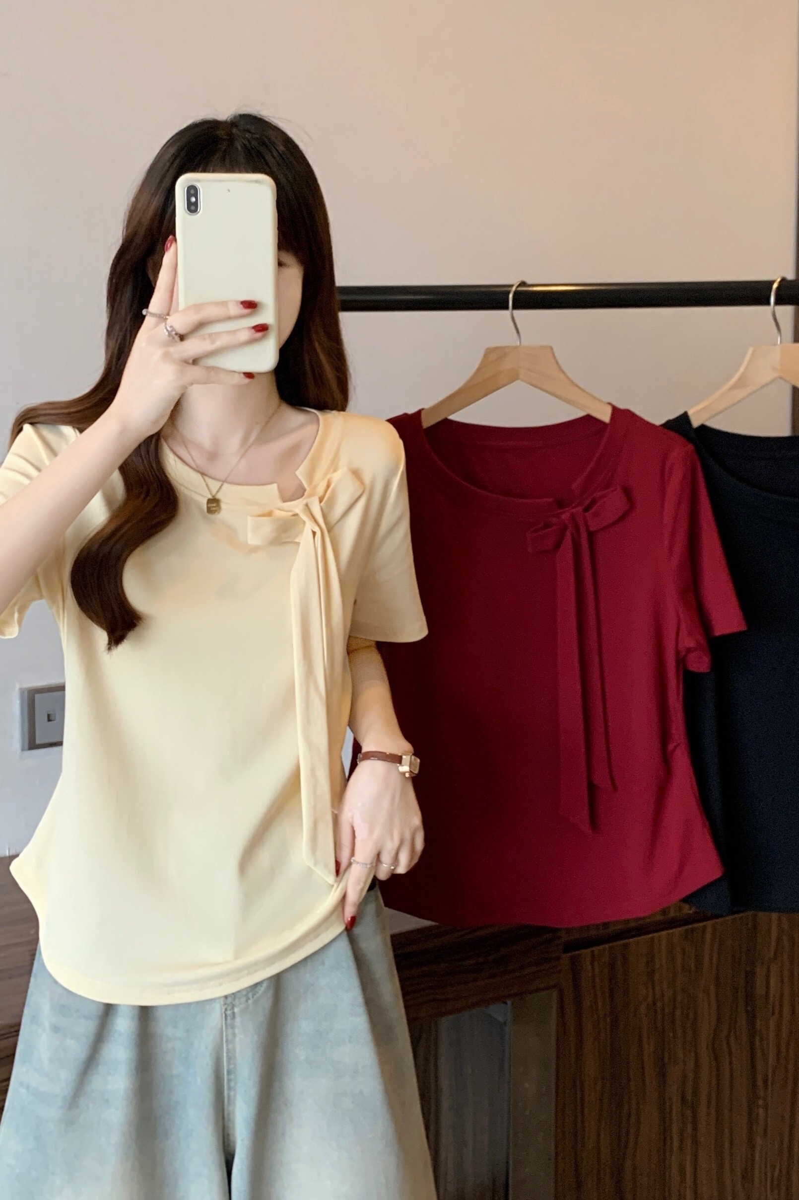 B72(80595) 韩版斜领边蝴蝶结系带设计感3色上衣