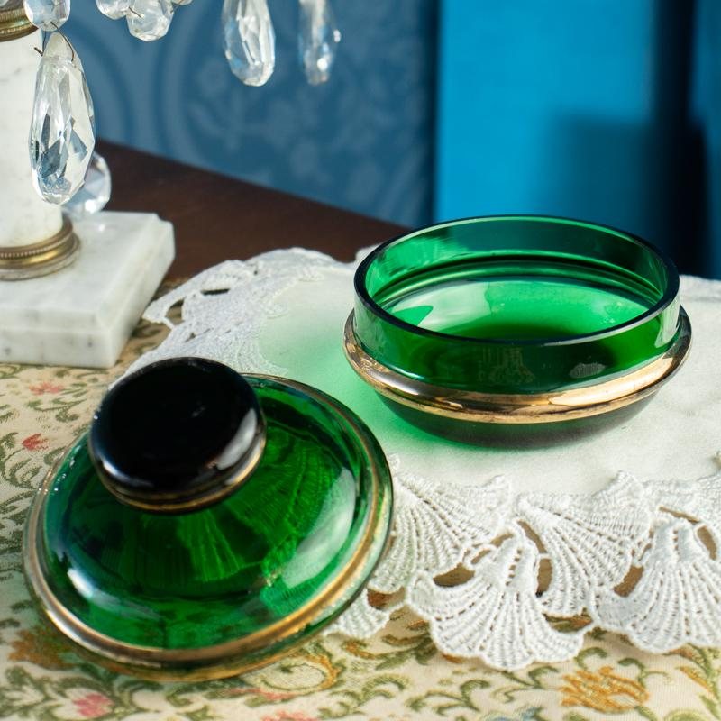 Vintage German Füger Taube 1947-1954 Art Deco Style Green Glass Dressing Table Set - Tray, Powder Box & Perfume Bottle (MX006)