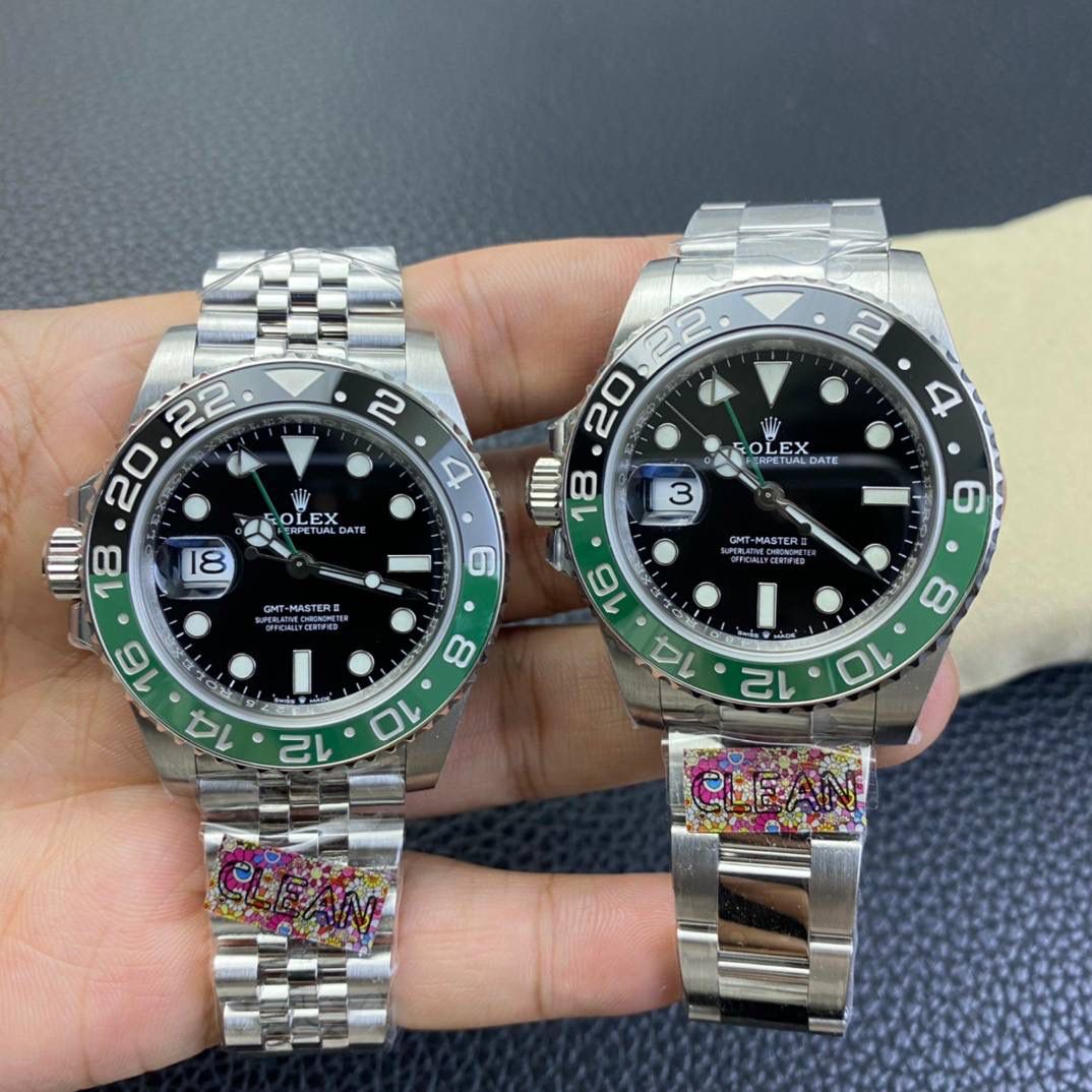 Clean C厂2022年新品劳力士126720 gmt 左撇子款 特点：clean独家黑/绿 一体烧制圈口，颜色非常接近。铂金刻度填充，工艺延承以往的可乐圈/国米拼色技术。两色之间有略微相互“沁色”效果。两色相交之处，没有明显的分界线。市面上的普通拼色陶瓷圈都是笔直的一条线。显得极为生硬。 2. 因为126720的gmt指针/绿针+秒针 都会比普通的126710指针要短，所以本次也是单独开模制作。 3.表带表壳均为904L精钢材质，表带部分为ar代工厂提供。彰显雪碧圈最高品质。