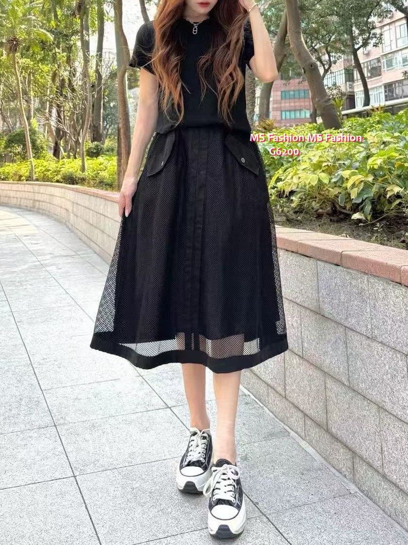 G6200 韓國🇰🇷假兩件拼網料連身裙