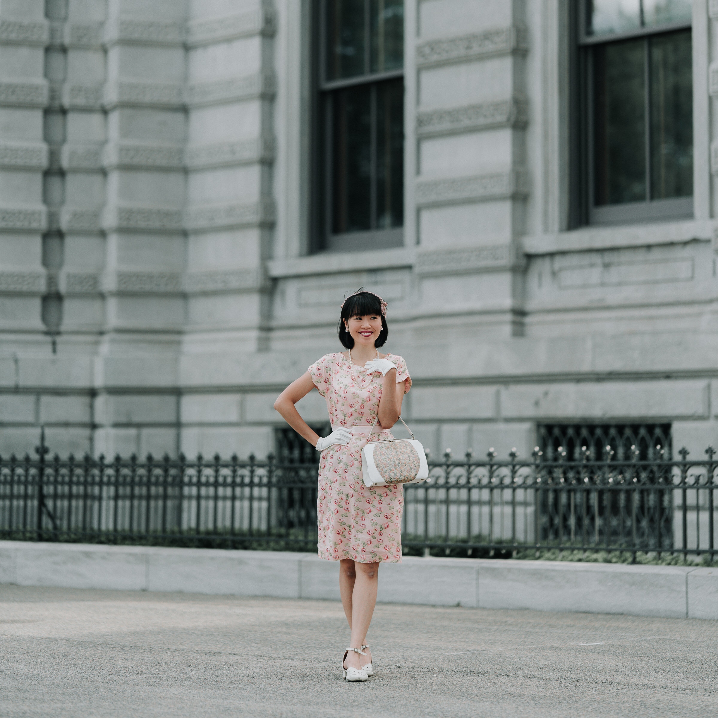 (Ready/Custom-Made)1960s-Inspired Rose Pattern 100% Cotton Scalloped Collar Secretary Dress(FM136)
