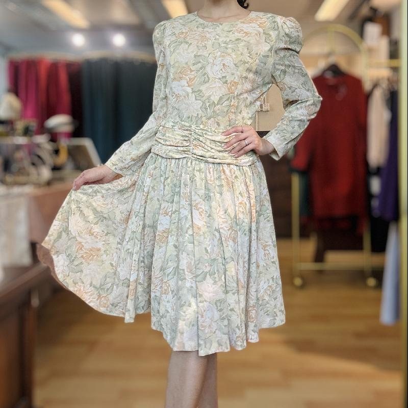 Vintage 1980s Japanese Floral Knee Length Dress(PP001-27)