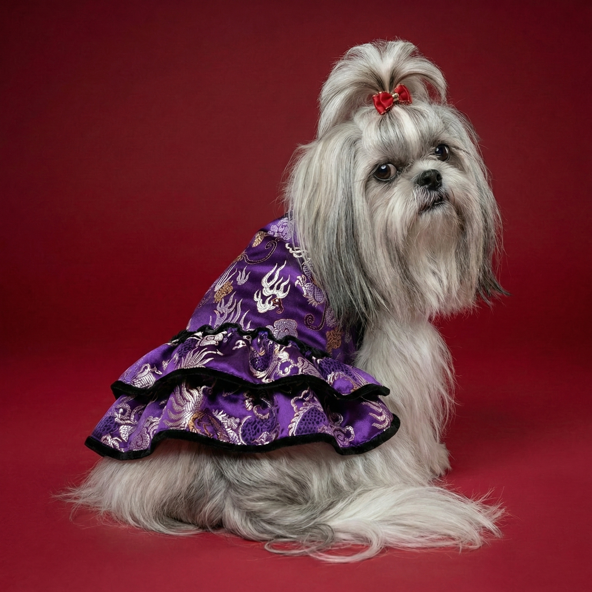 S482PU 黑絨邊賀年裙-紫色 Black Velvet Trim New Year's Skirt-Purple