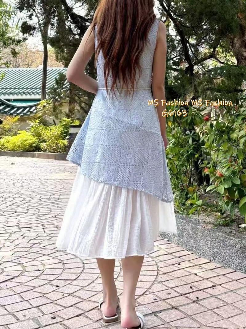 G6163 韓國🇰🇷假兩件通花背心連身裙