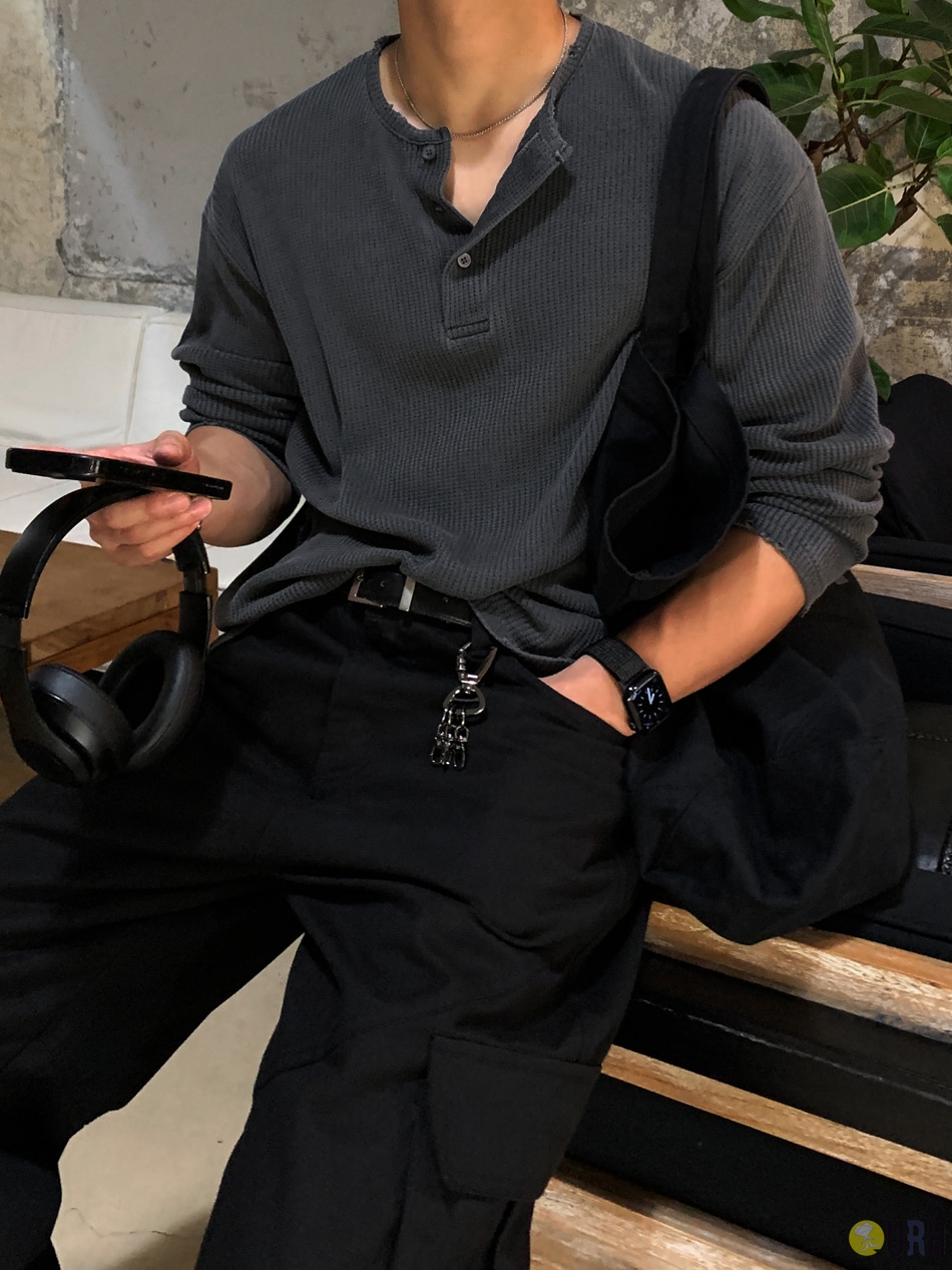 【100%保證韓國直送】復古顏料洗水織紋大寬鬆亨利領長袖 Tee 👕 [3 color] RL114465