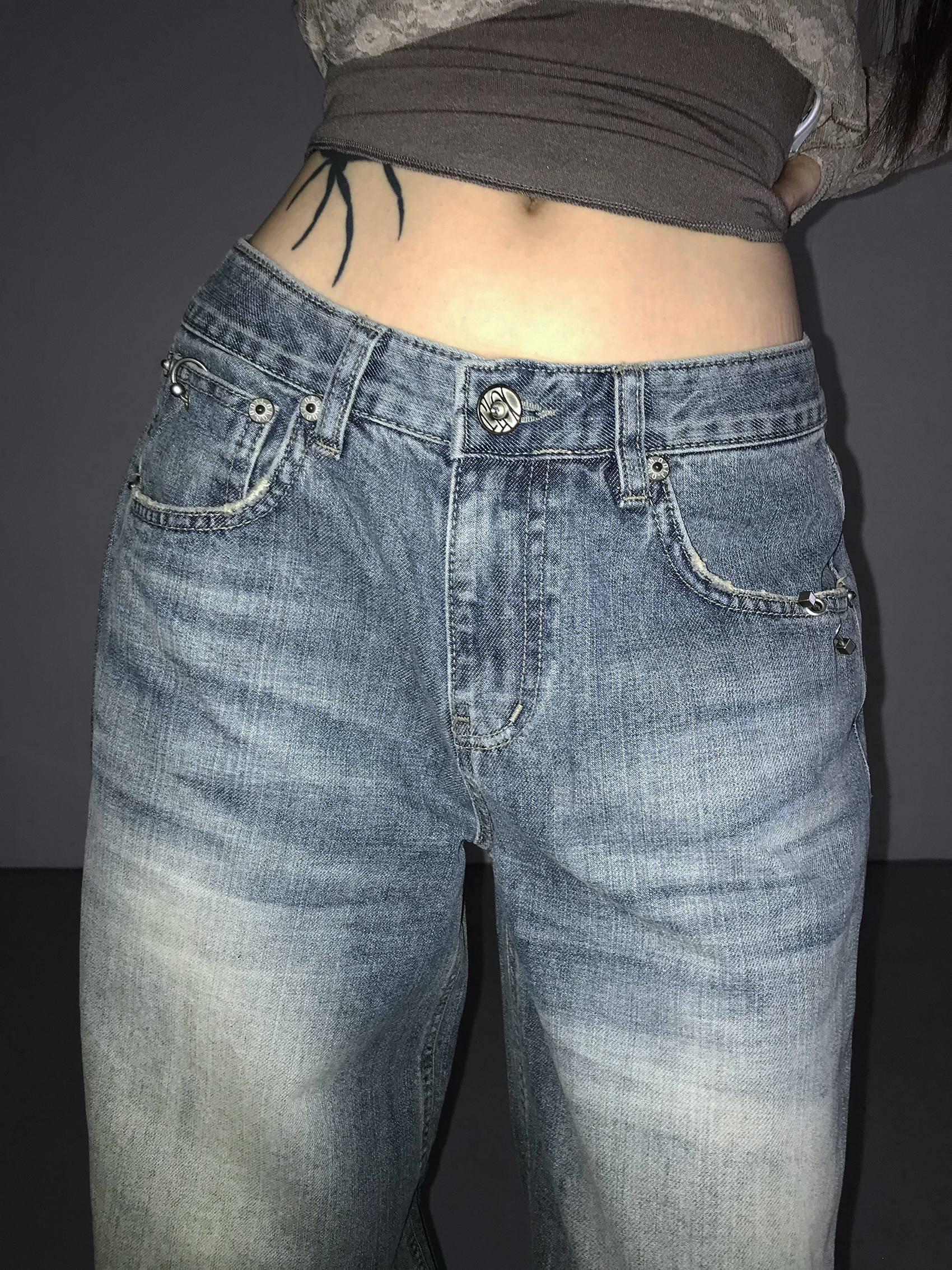 Metal Hook Washed Wide-Leg Denim