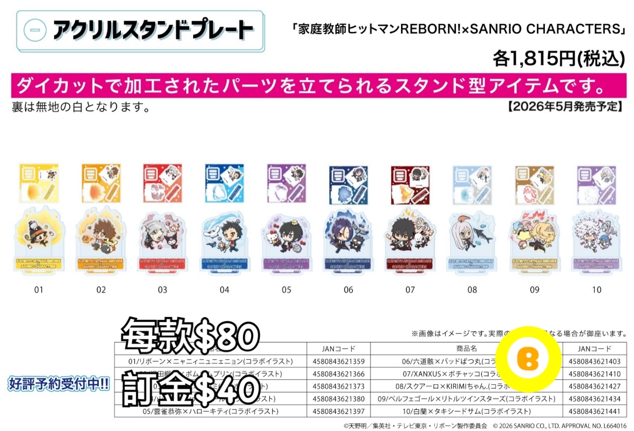 Preorder預訂5/2026年家庭教師x sanrio 立牌