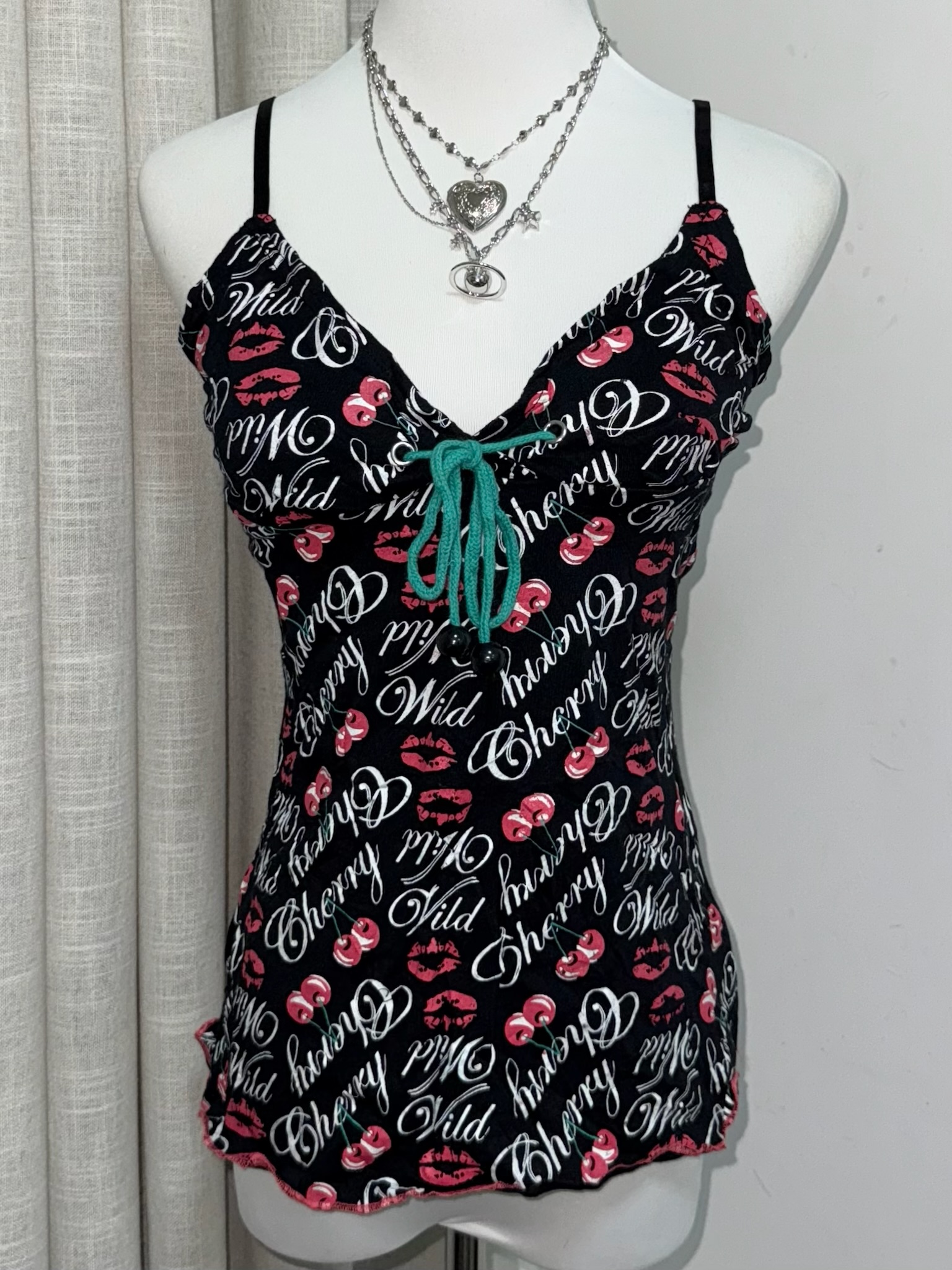 90s Cherry & Lip Print Cami with Contrast Teal Lace-up Front